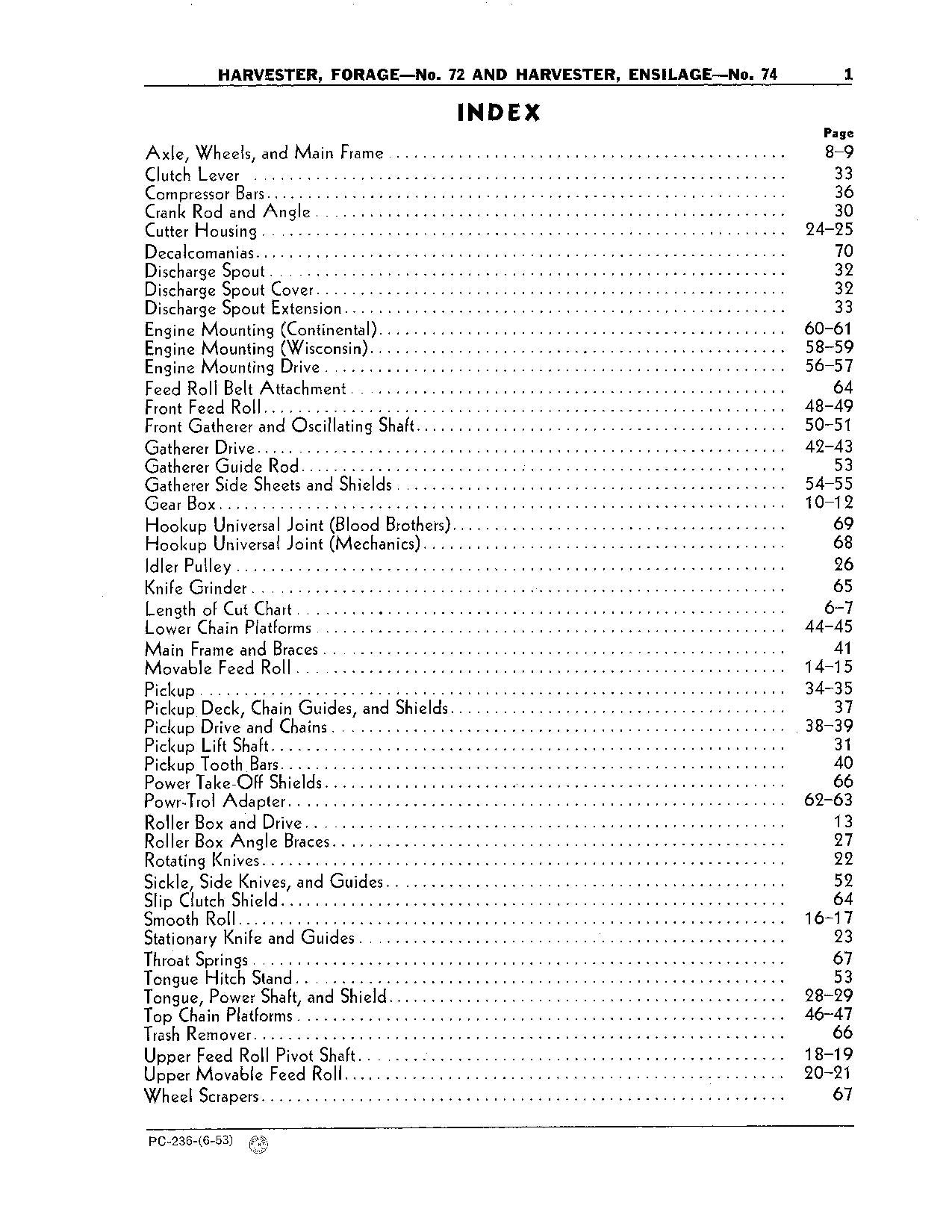 JOHN DEERE FORAGE 72 ENSILAGE 74 HARVESTER PARTS CATALOG MANUAL