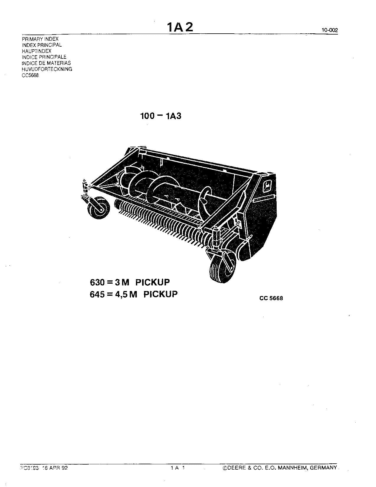 JOHN DEERE 645 630 PICKUP 3 M 9.8 FOOT HARVESTER PARTS CATALOG MANUAL