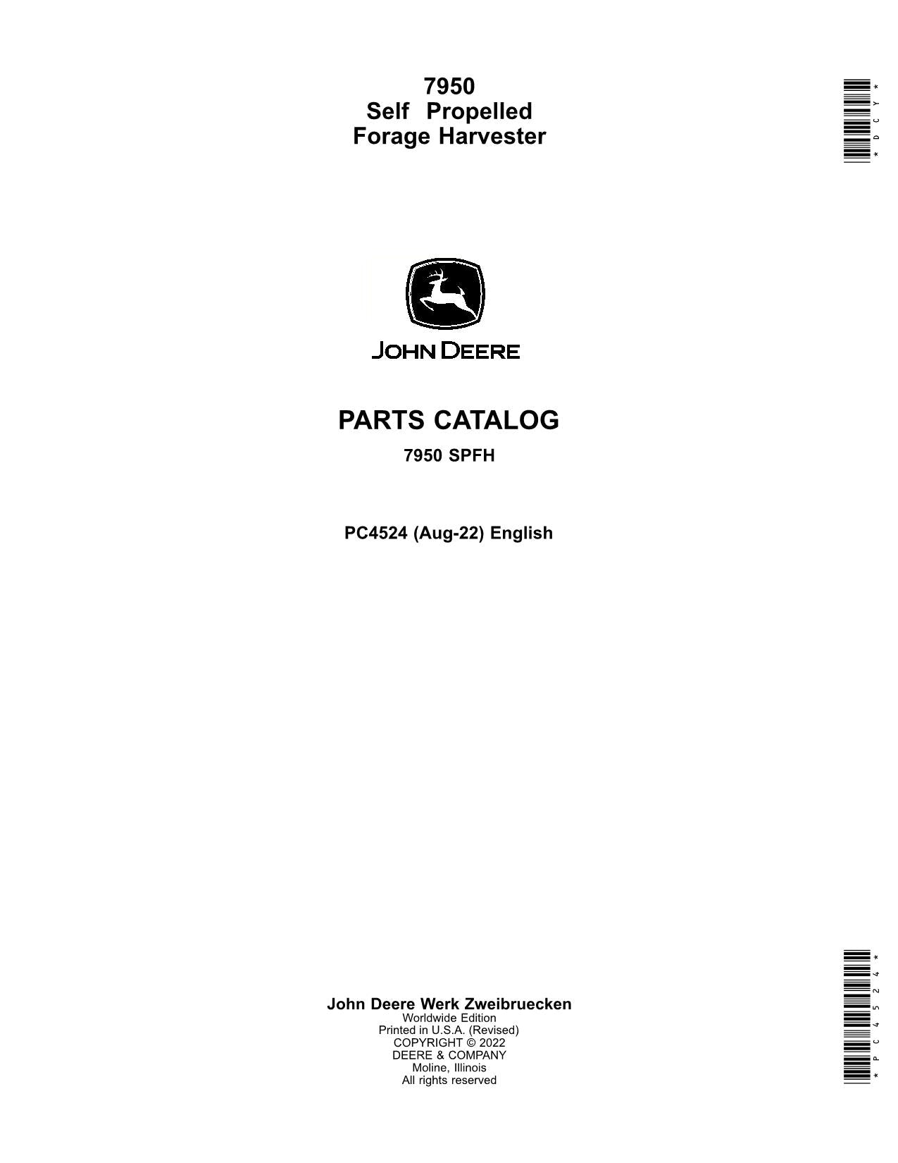 JOHN DEERE 7950 HARVESTER PARTS CATALOG MANUAL