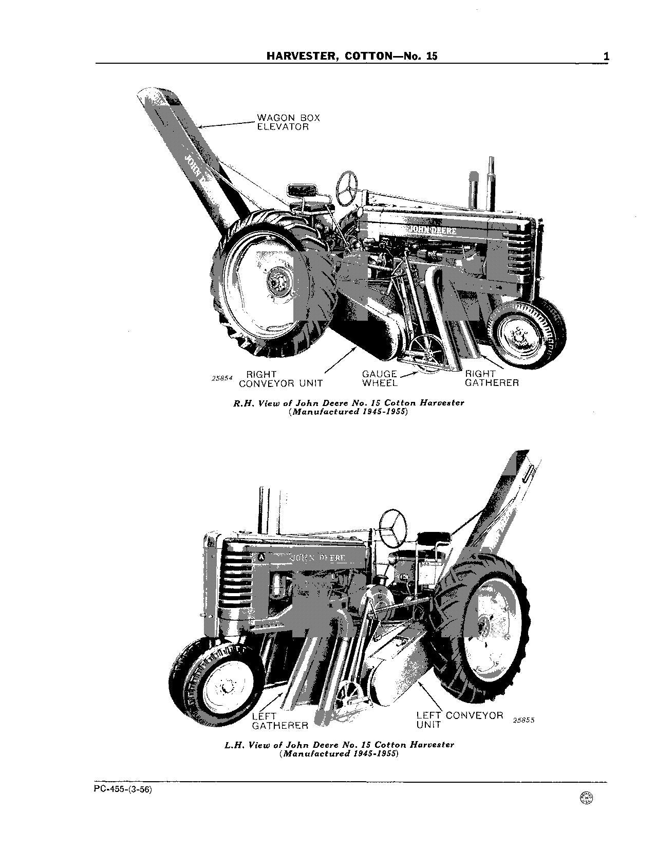 JOHN DEERE 15 COTTON HARVESTER PARTS CATALOG MANUAL