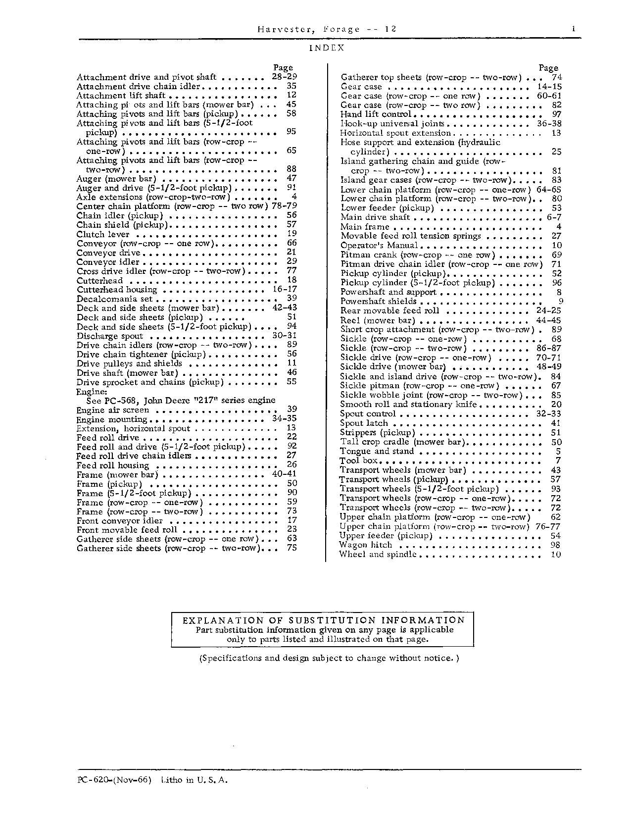 JOHN DEERE 12 FORAGE HARVESTER PARTS CATALOG MANUAL