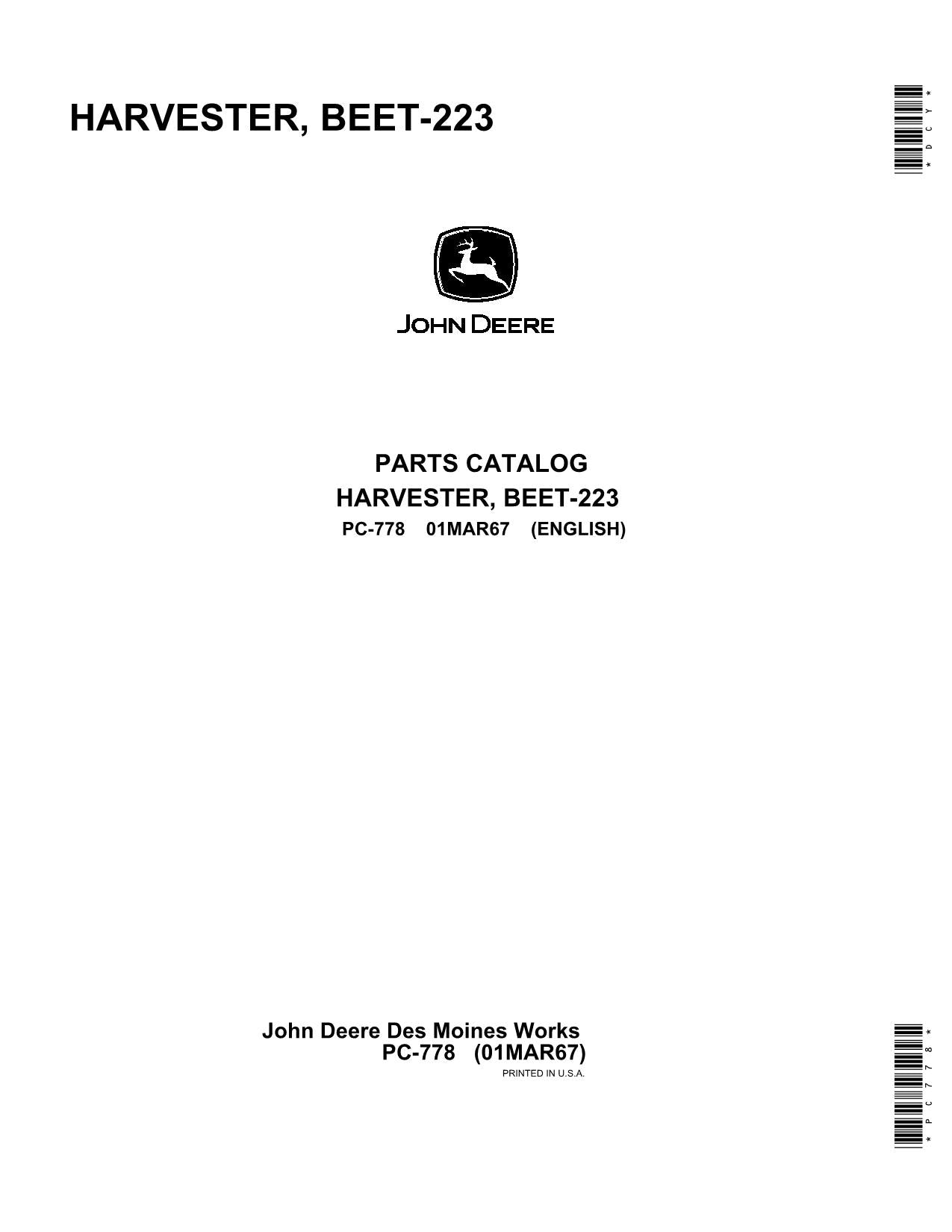 JOHN DEERE 223 BEET HARVESTER PARTS CATALOG MANUAL