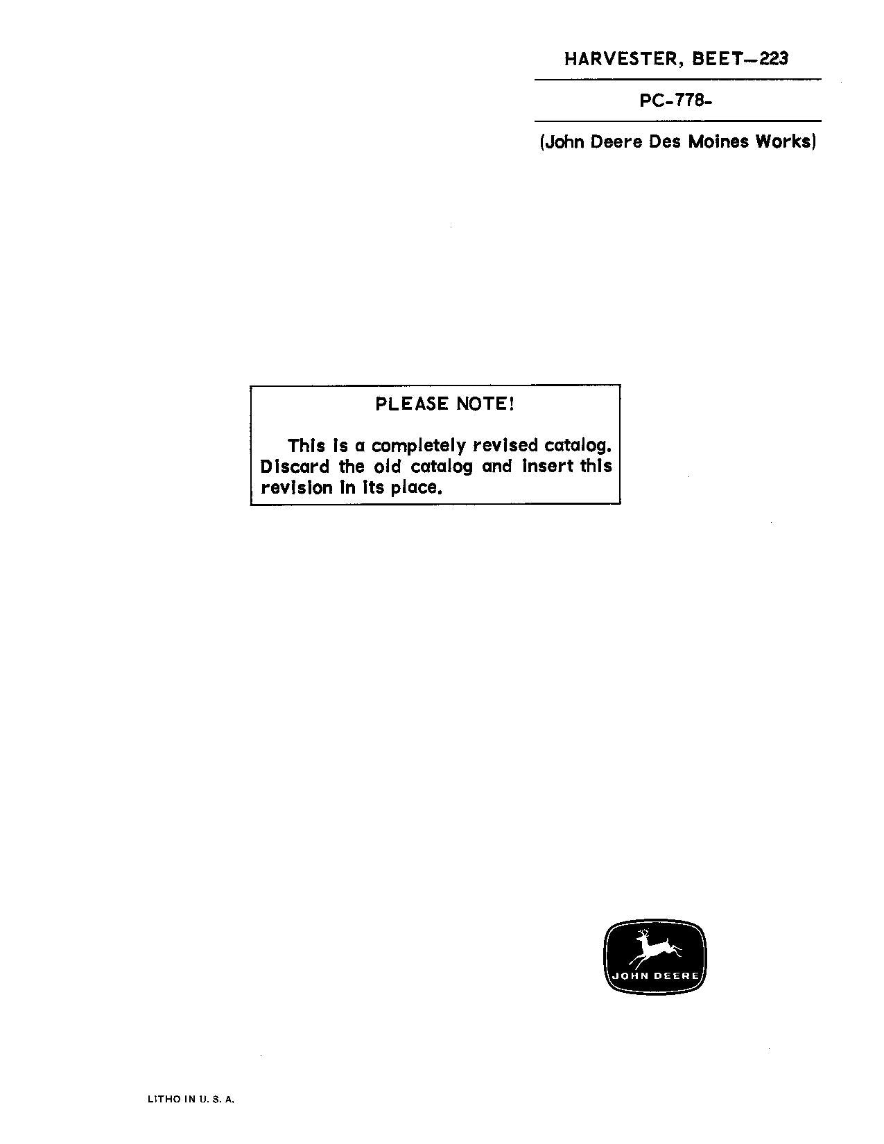 JOHN DEERE 223 BEET HARVESTER PARTS CATALOG MANUAL