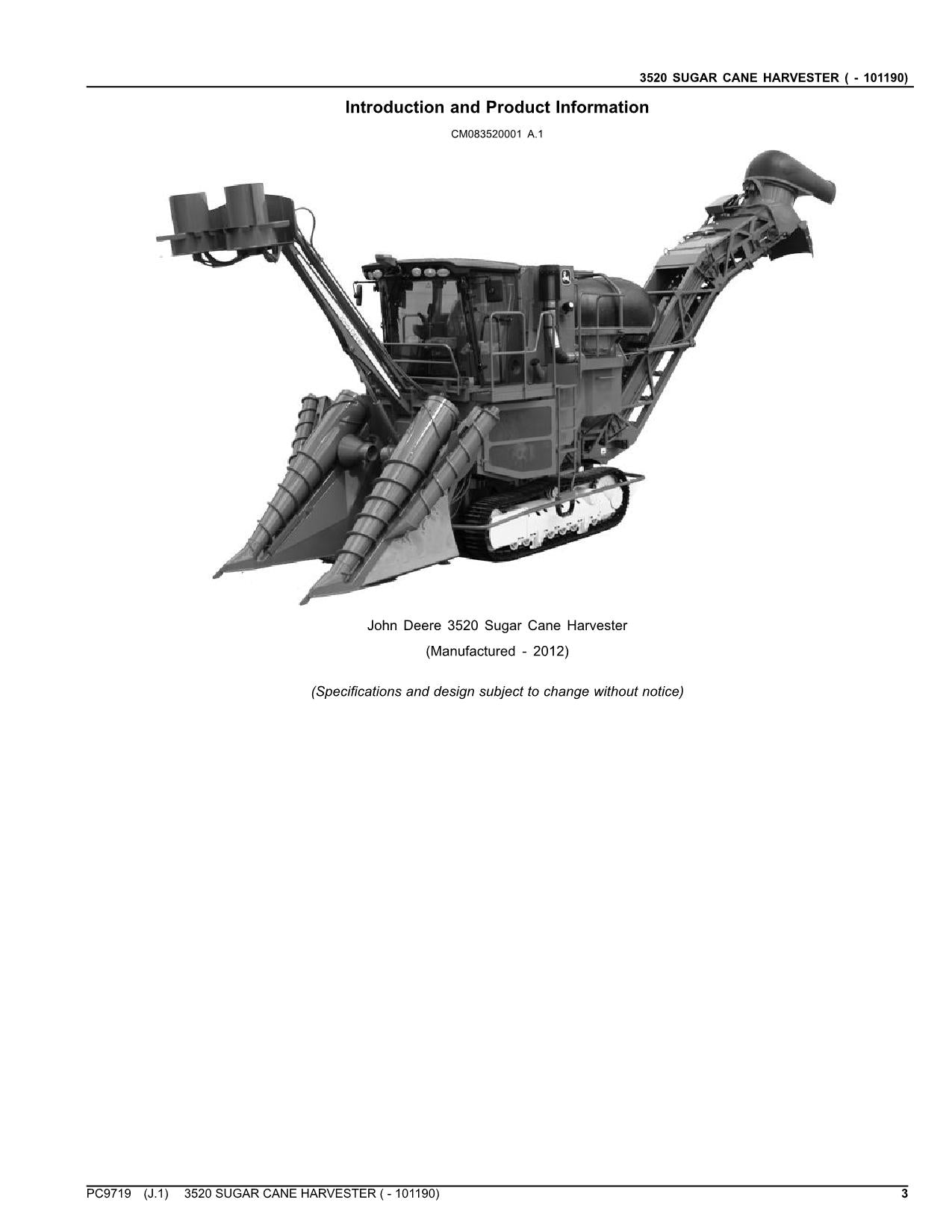 JOHN DEERE 3520 HARVESTER PARTS CATALOG MANUAL SER -101190