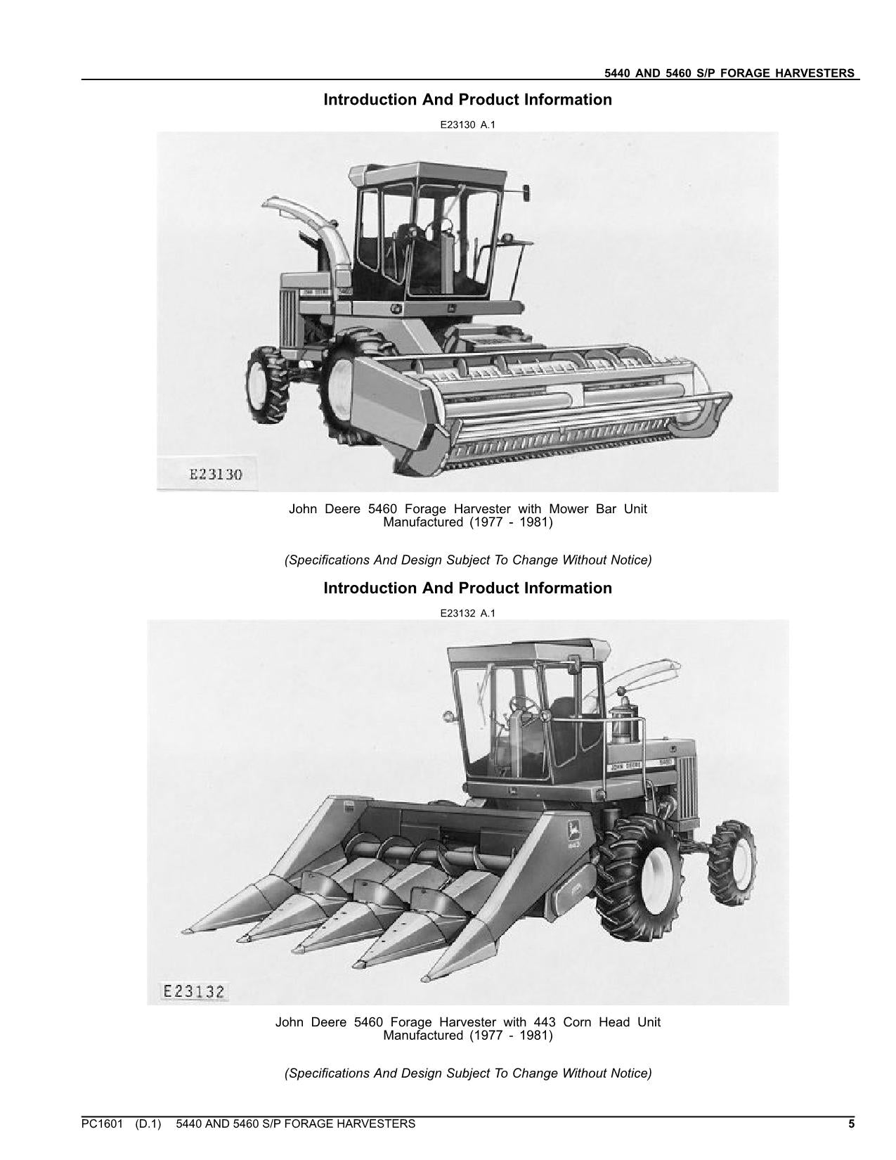 JOHN DEERE 5440 5460 HARVESTER PARTS CATALOG MANUAL