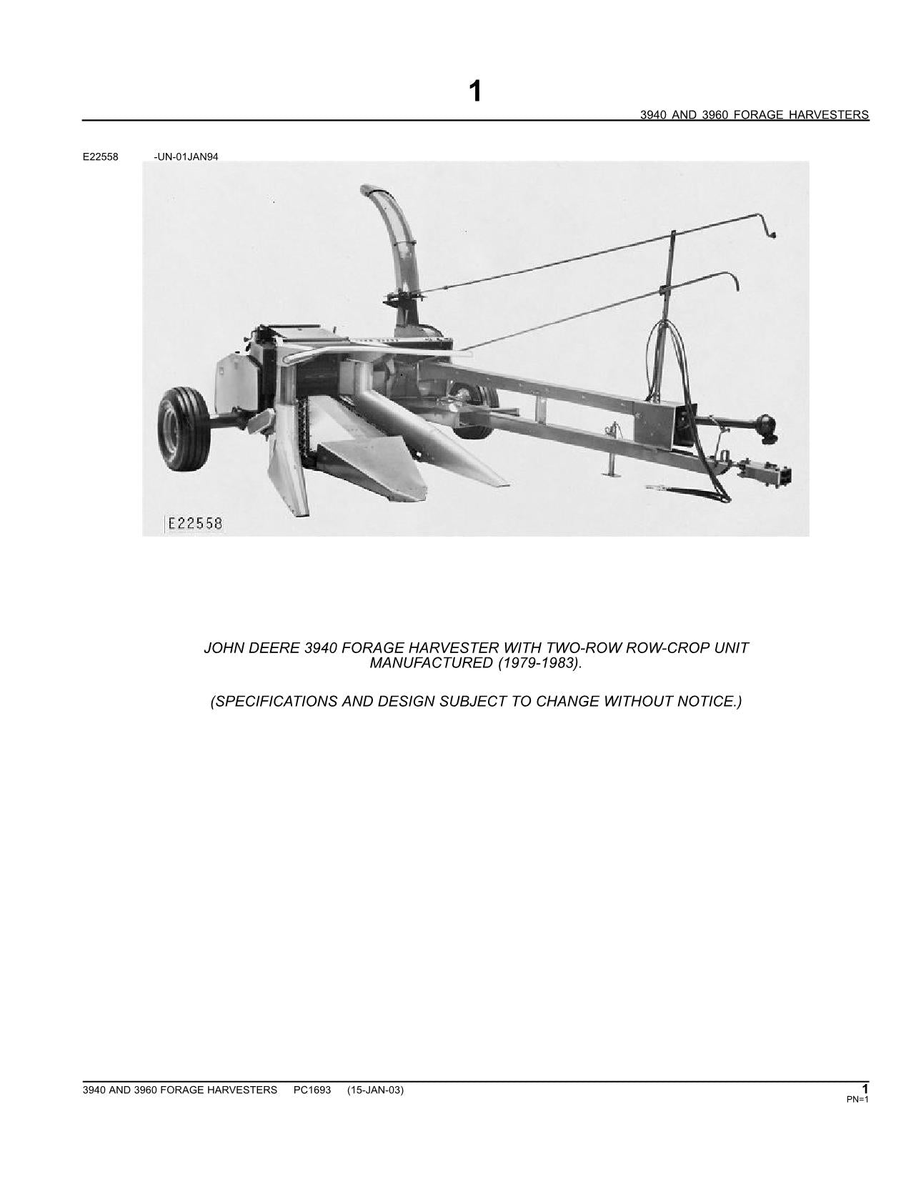 JOHN DEERE 3940 396 FORAGE HARVESTER PARTS CATALOG MANUAL