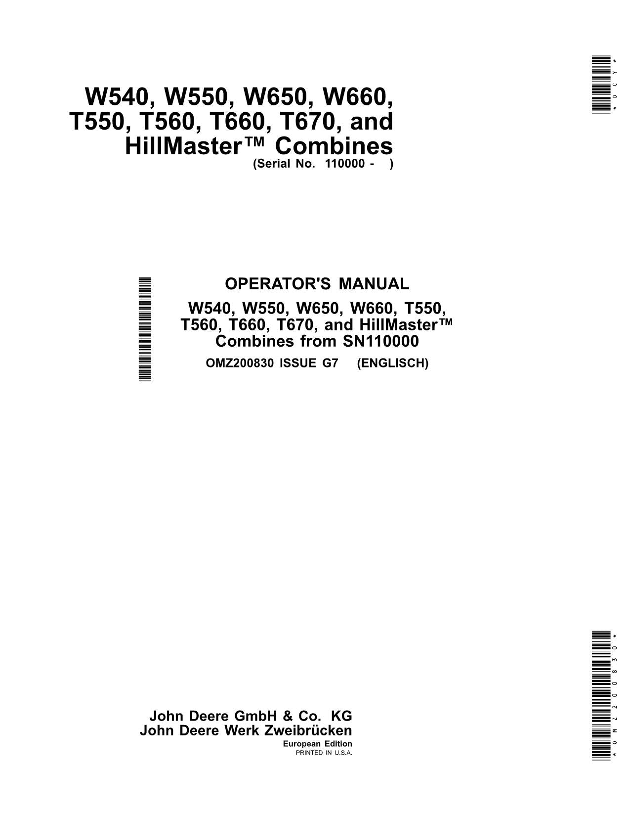 JOHN DEERE T550 T560 T660 T670 W540 W550 W650 W660 MÄHDRESCHER-BETRIEBSHANDBUCH Nr. 1