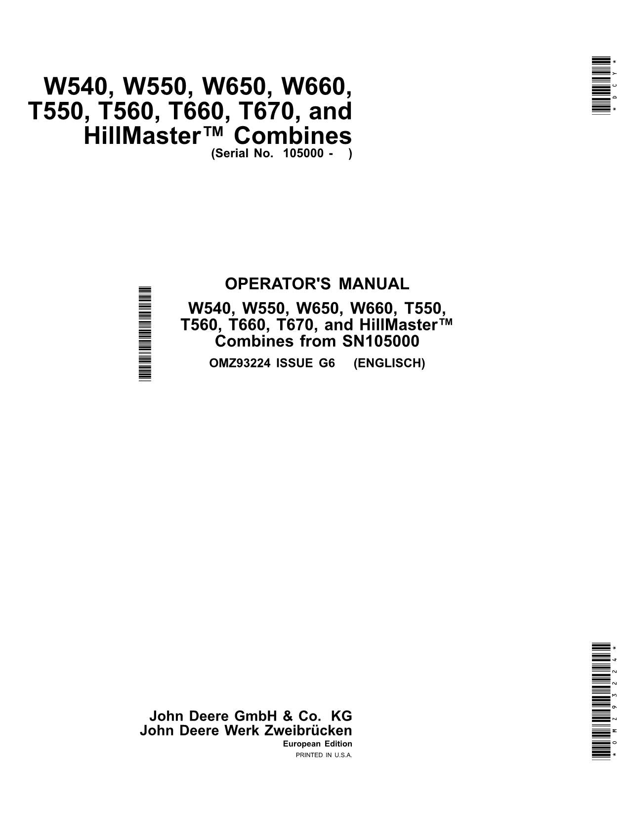 JOHN DEERE T550 T560 T660 T670 W540 W550 W650 W660 MÄHDRESCHER-BETRIEBSHANDBUCH Nr. 2