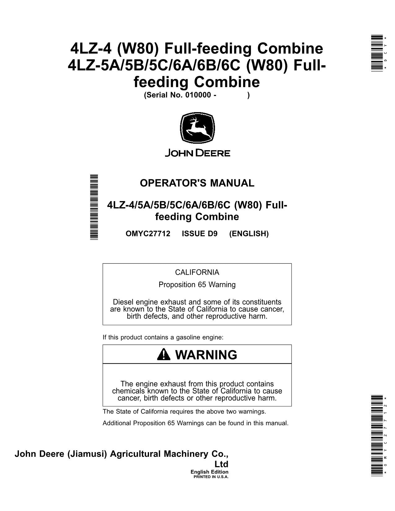 JOHN DEERE W80 MÄHDRESCHER-BETRIEBSHANDBUCH SER 010000 - ASIEN