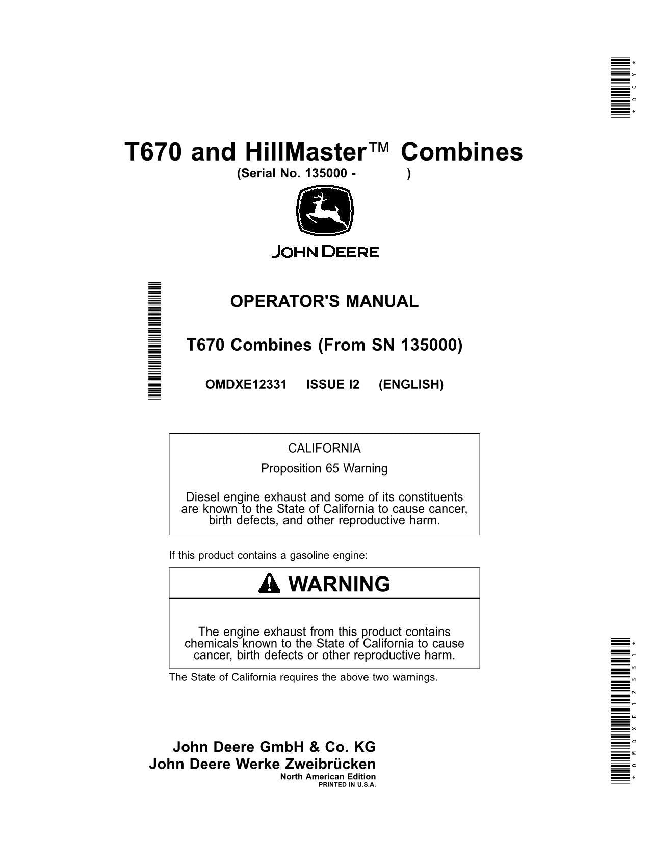 JOHN DEERE T670 COMBINE OPERATOR MANUAL #8