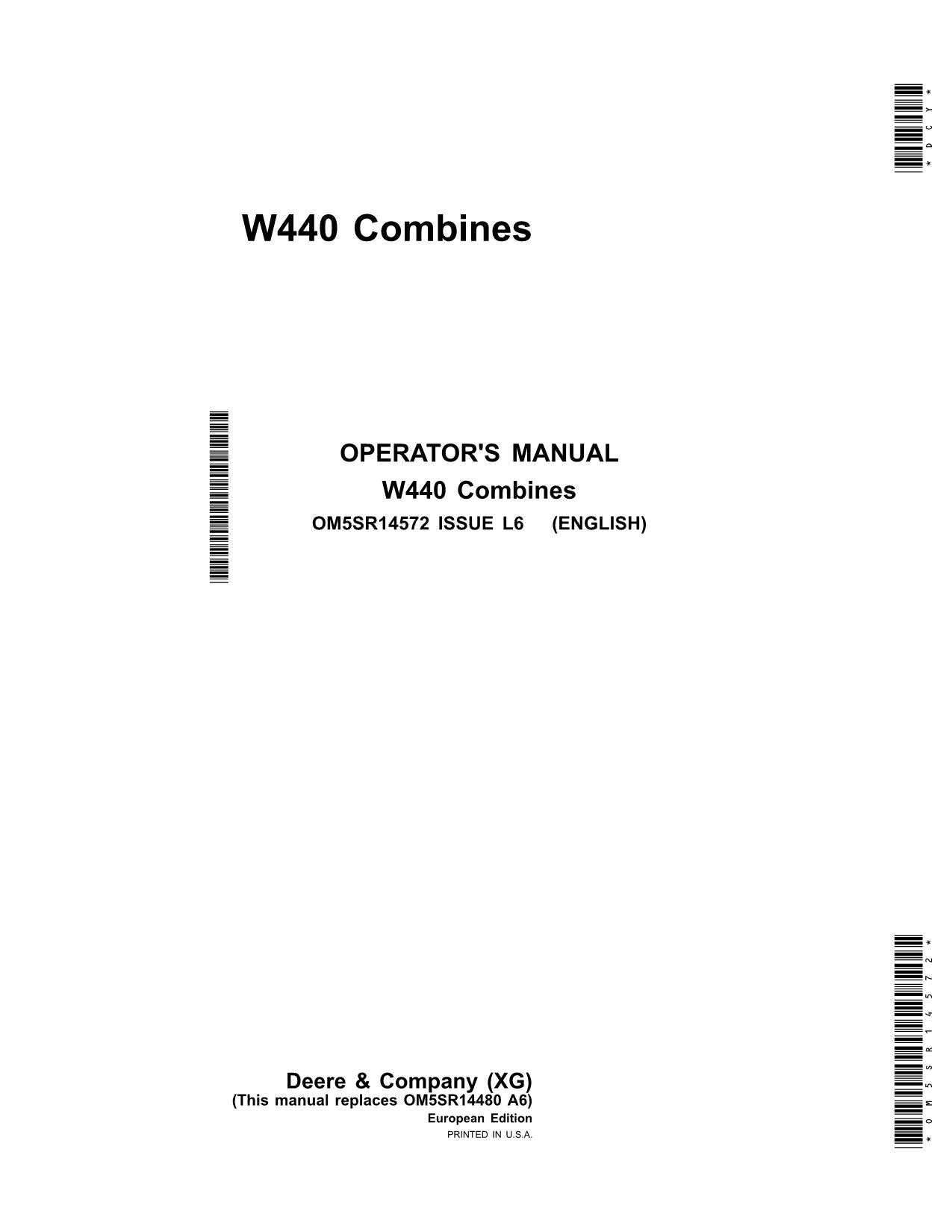 JOHN DEERE W440 MÄHDRESCHER-BETRIEBSHANDBUCH Nr. 1