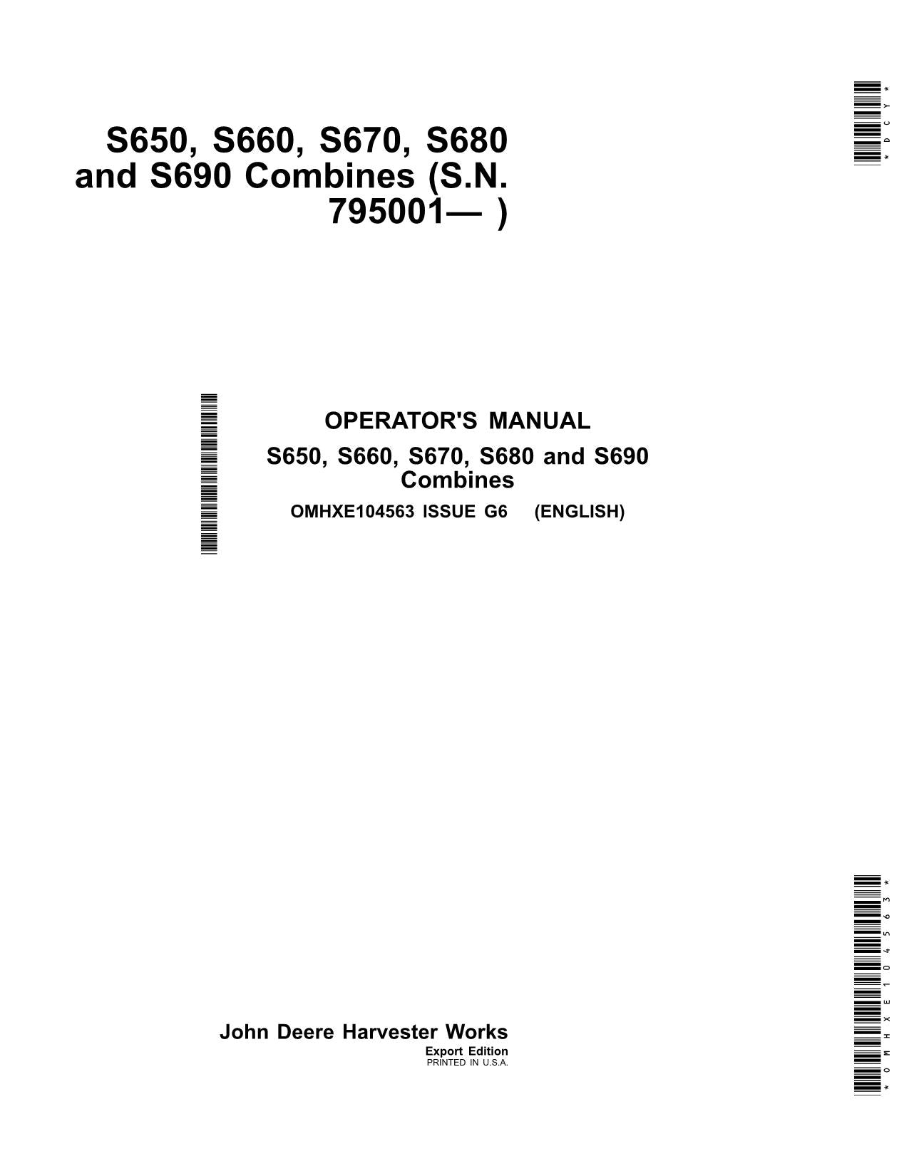 JOHN DEERE S650 S660 S670 S680 S690 COMBINE OPERATOR MANUAL