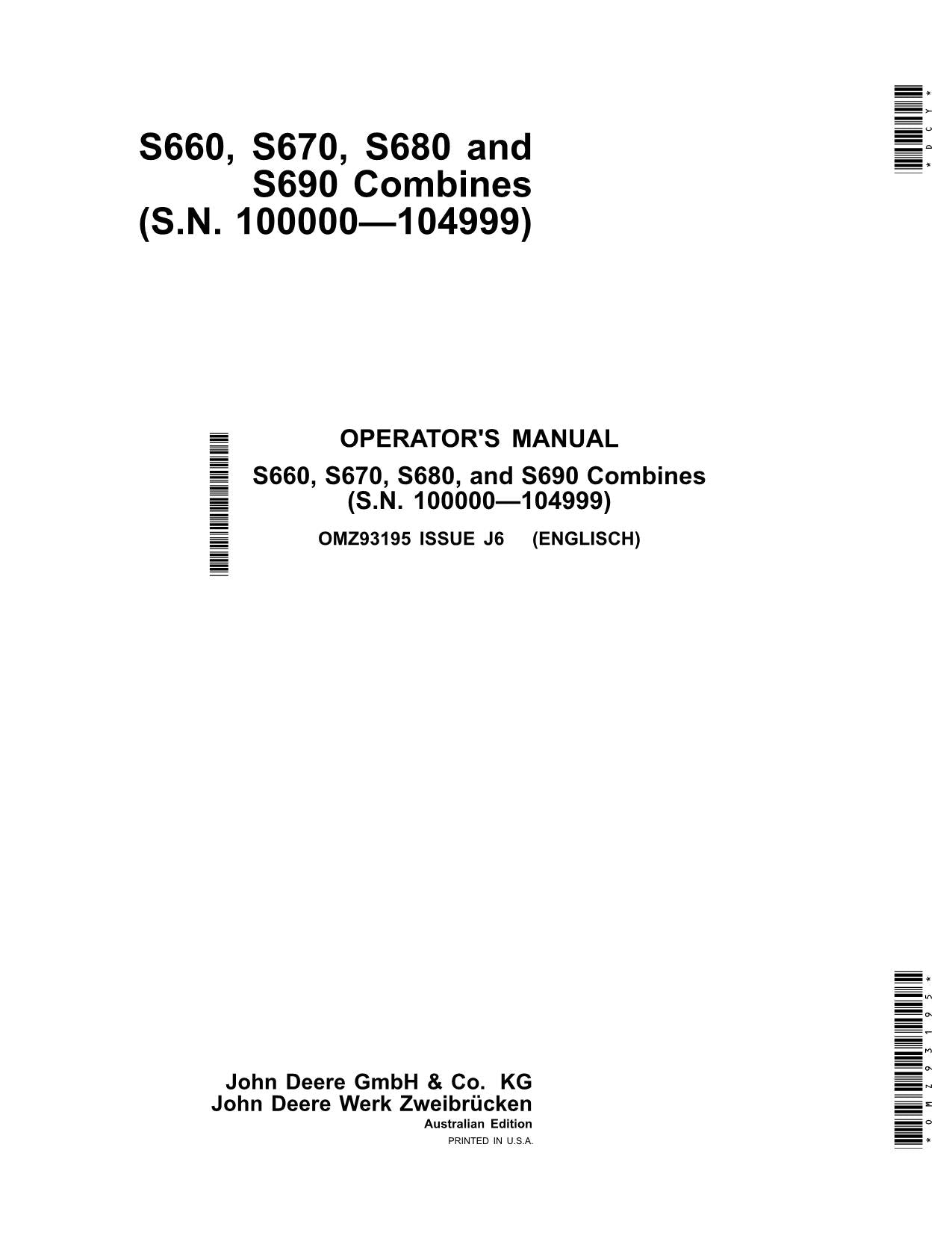 JOHN DEERE S660 S670 S680 S690 COMBINE OPERATOR MANUAL #1