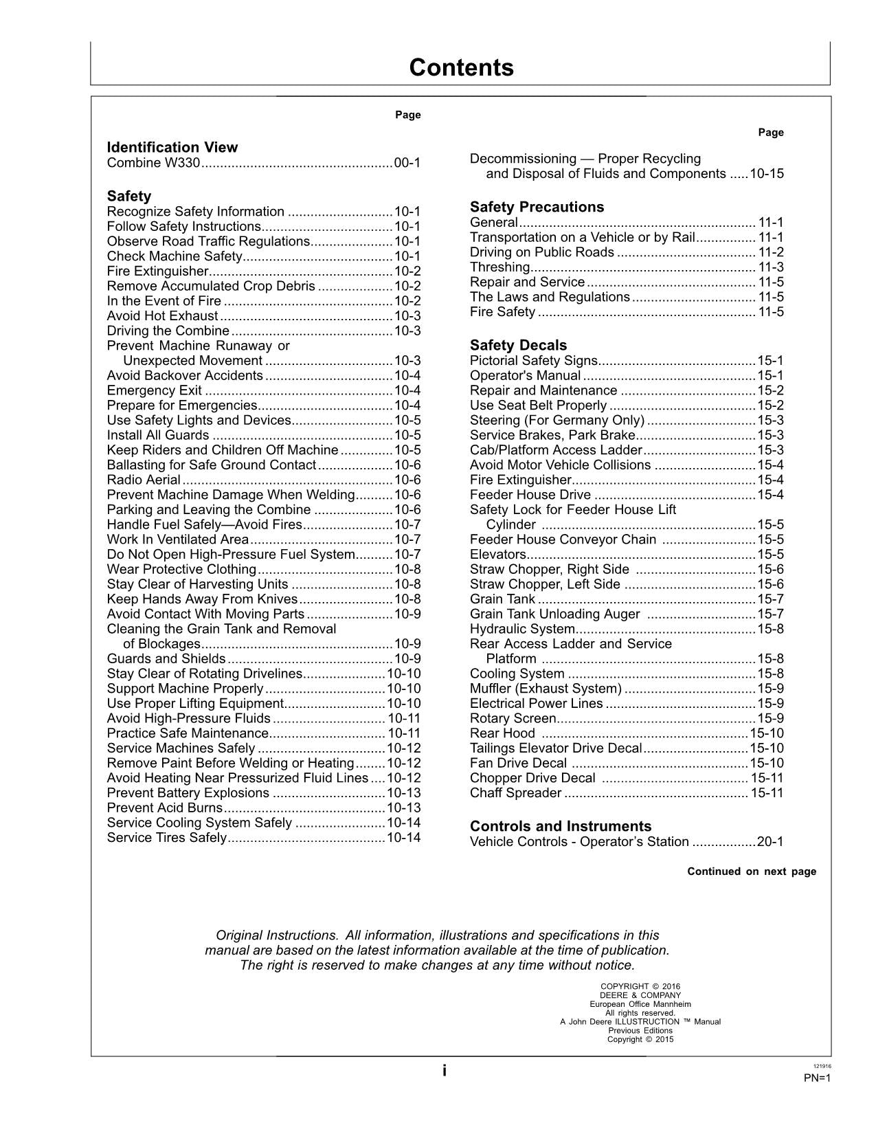 JOHN DEERE W330 MÄHDRESCHER-BETRIEBSHANDBUCH Nr. 1