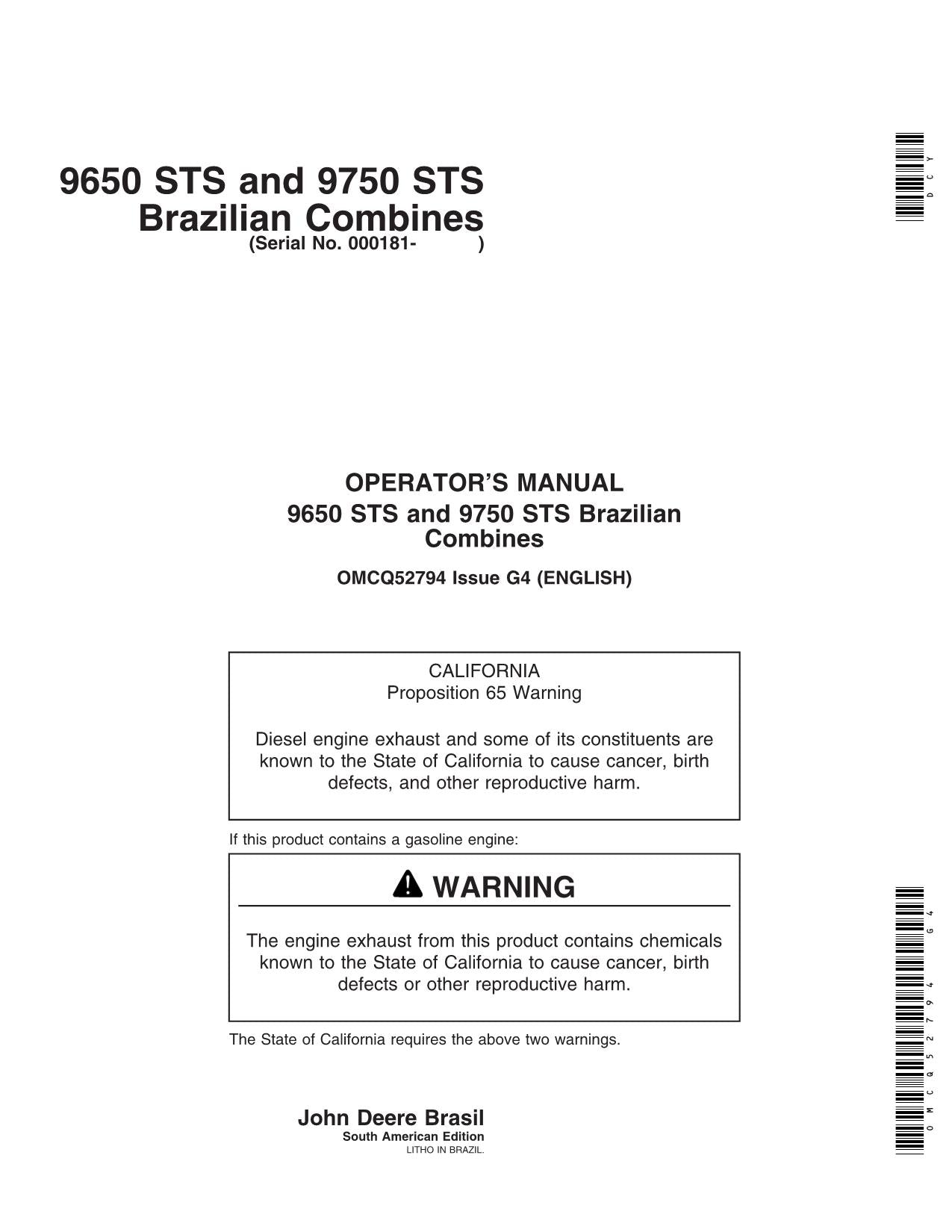 MANUEL D'UTILISATION DE LA MOISSONNEUSE-BATTEUSE JOHN DEERE 9650 STS 9750 STS #1