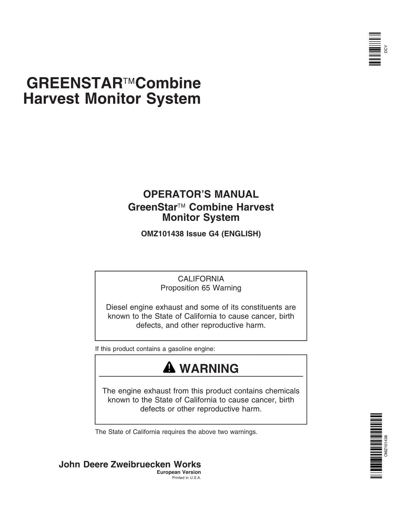 JOHN DEERE GREENSTAR COMBINE HARVEST MONITOR SYSTEM COMBINE OPERATOR MANUAL