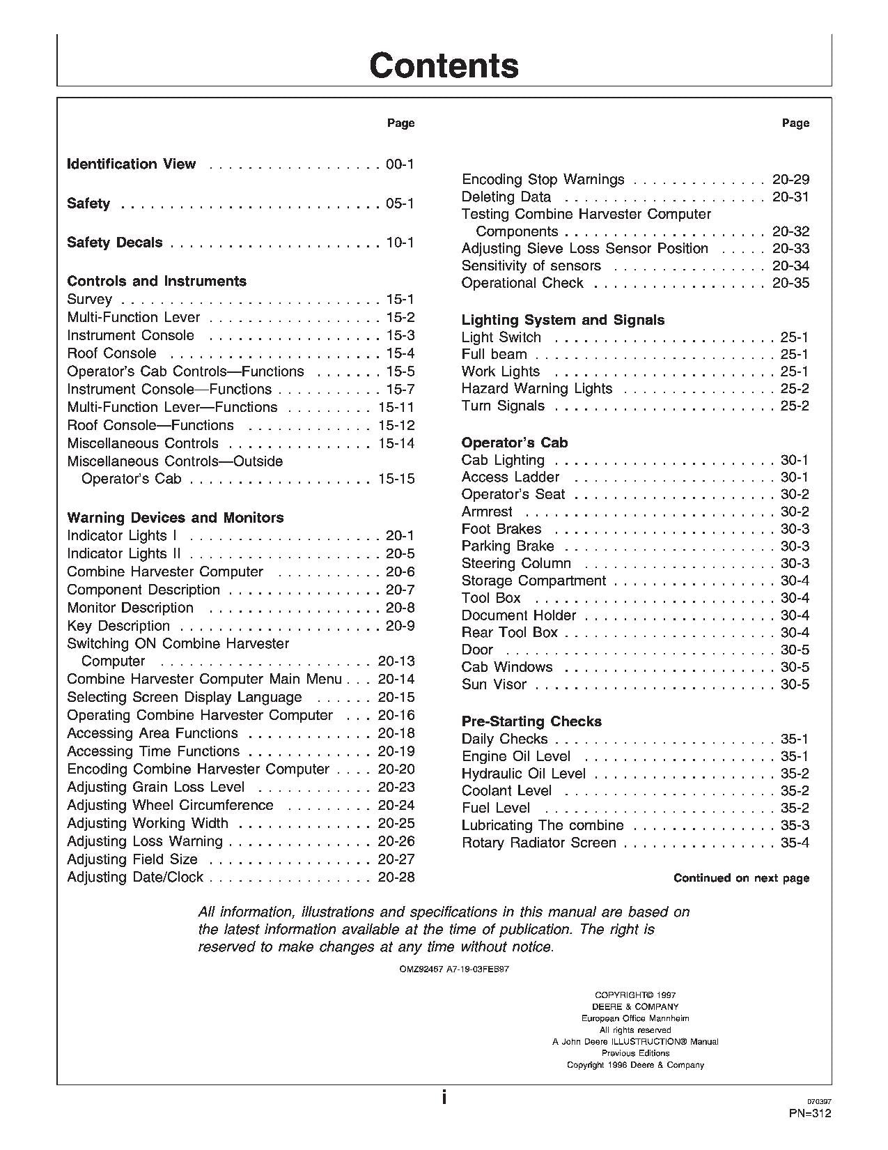 JOHN DEERE 1170 MÄHDRESCHER-BETRIEBSHANDBUCH