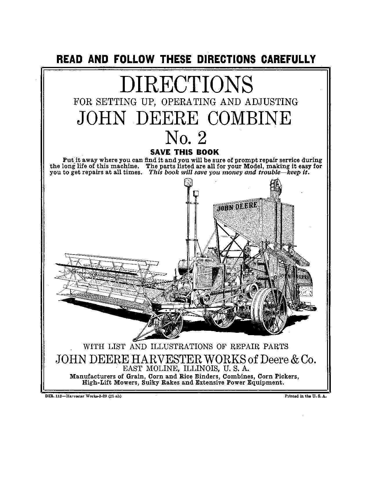 JOHN DEERE 2 COMBINE OPERATOR MANUAL