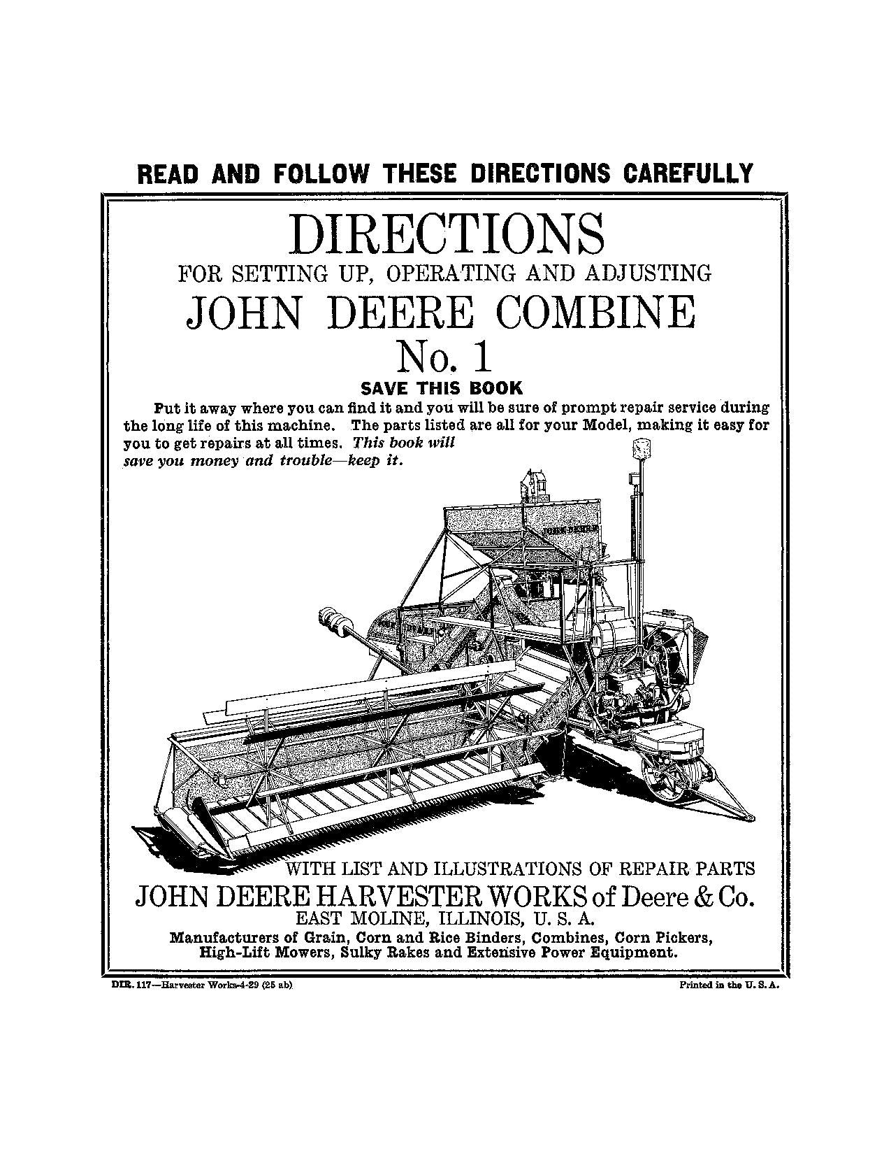 JOHN DEERE 1 COMBINE OPERATOR MANUAL