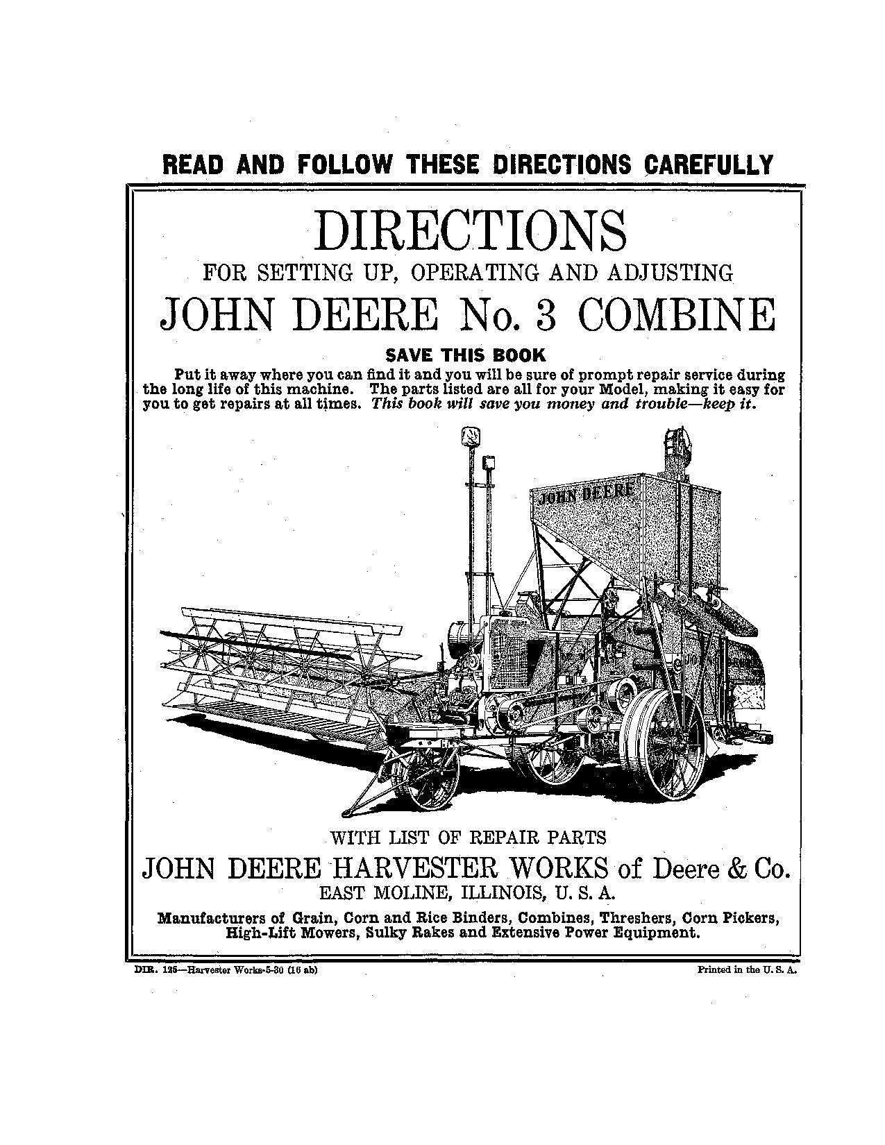 JOHN DEERE 3 COMBINE OPERATOR MANUAL