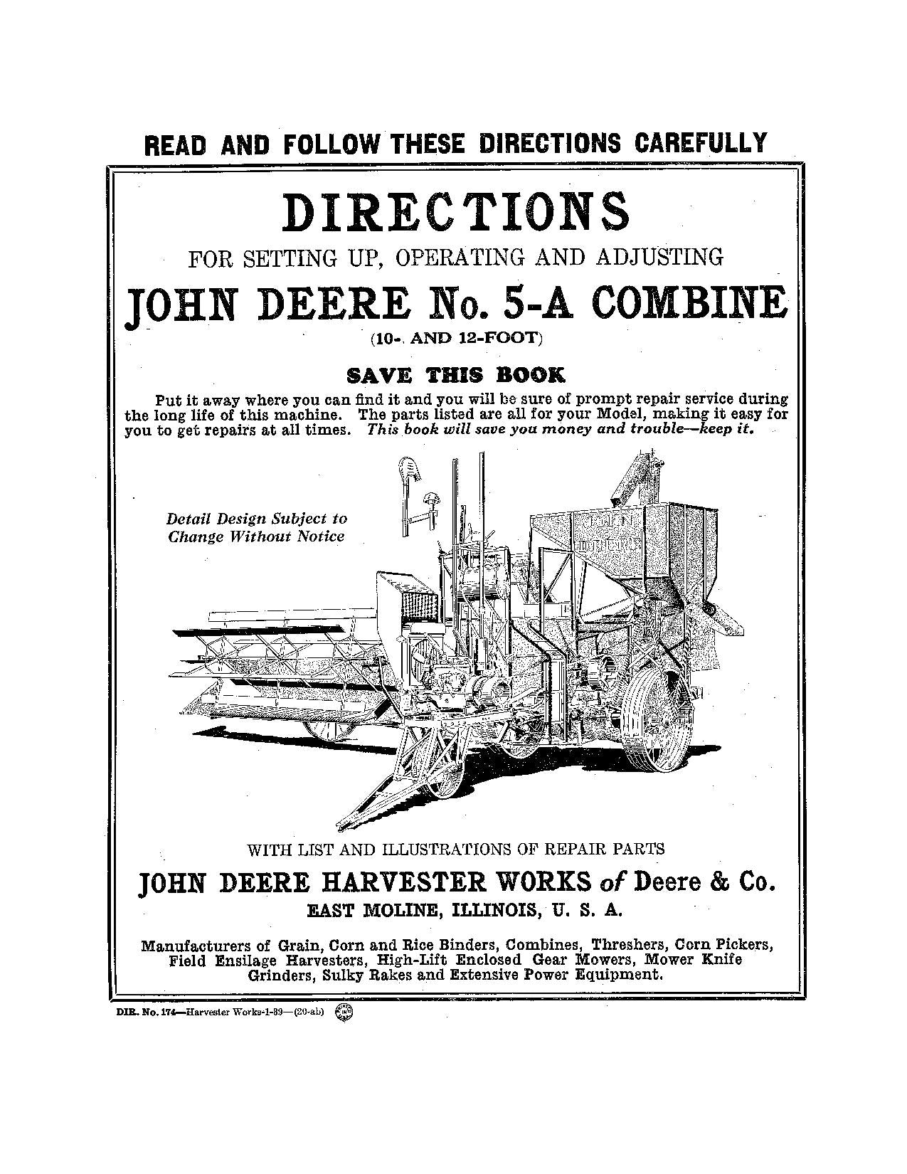 JOHN DEERE 5A COMBINE OPERATOR MANUAL