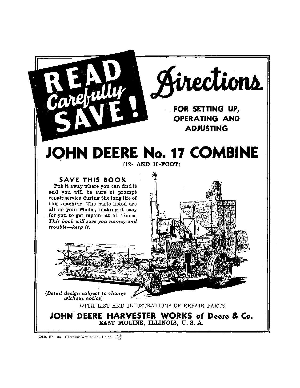 JOHN DEERE 17 COMBINE OPERATOR MANUAL