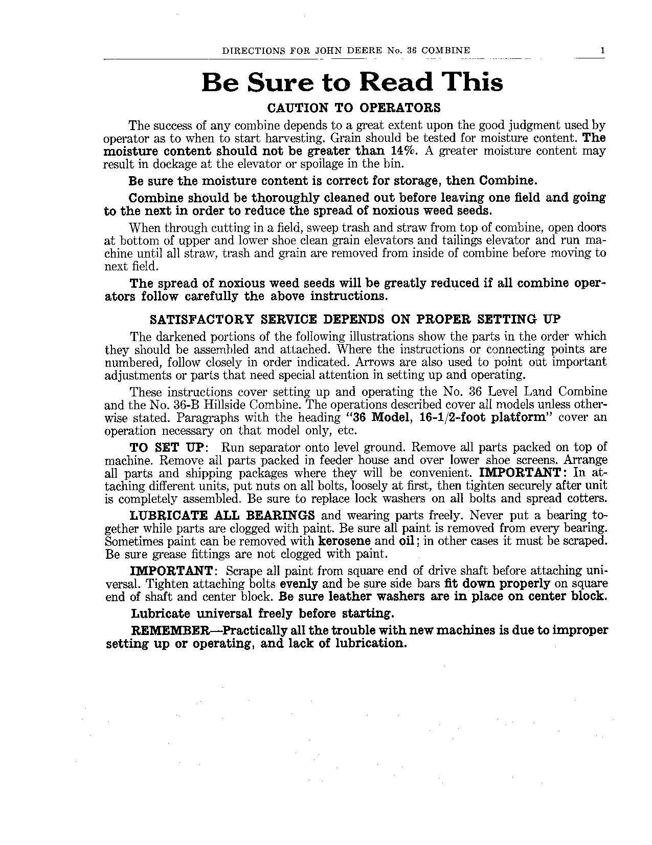 JOHN DEERE 36 36A 36B COMBINE OPERATOR MANUAL