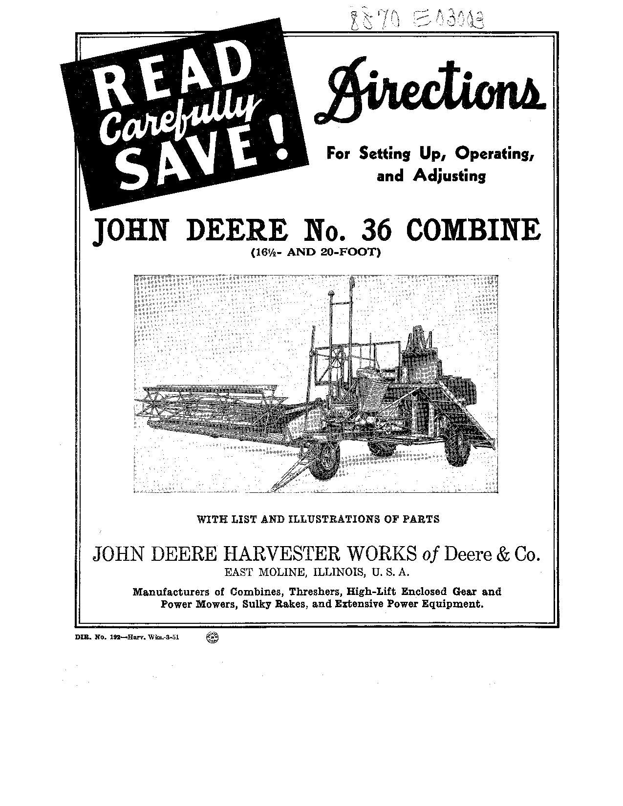 JOHN DEERE 36 36A 36B COMBINE OPERATOR MANUAL