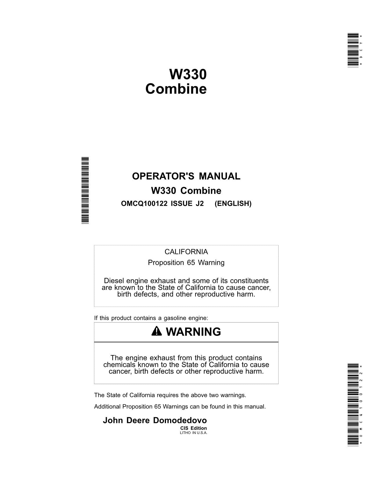 JOHN DEERE W330 COMBINE OPERATOR MANUAL #2