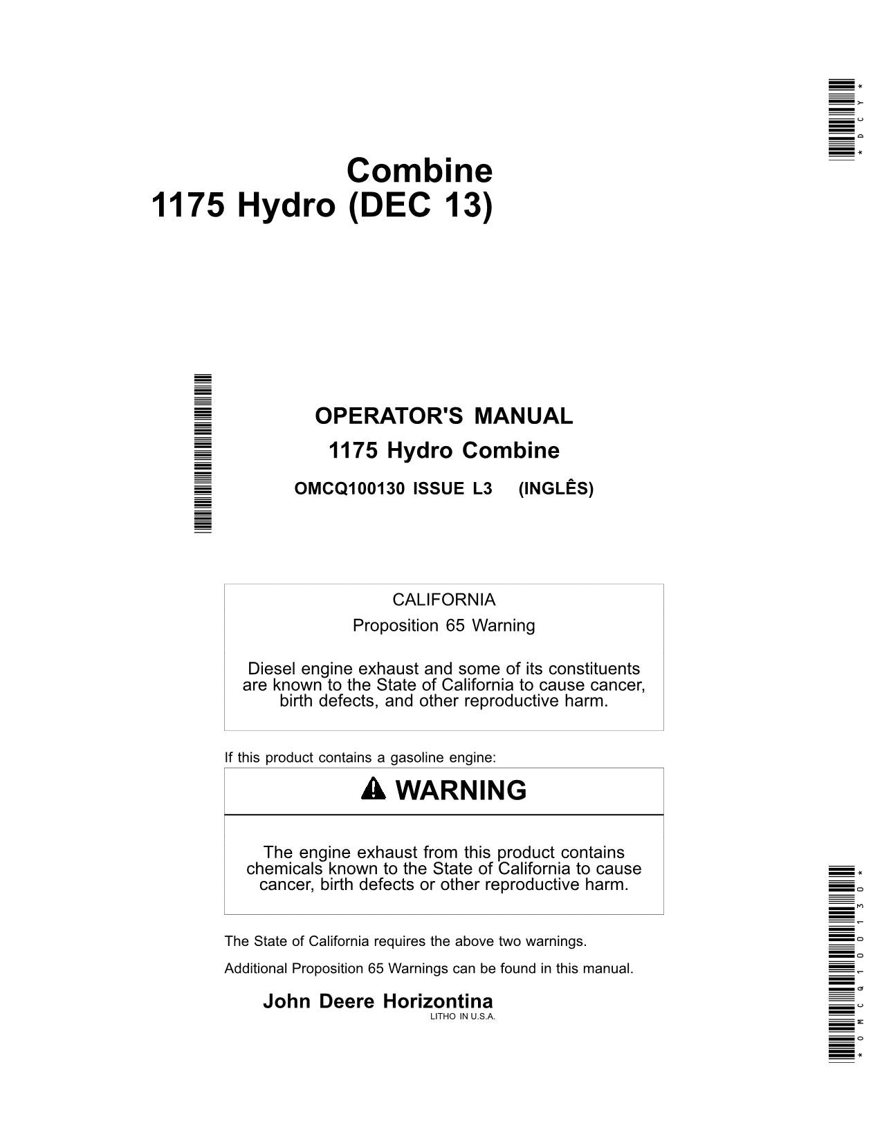 JOHN DEERE 1175 HYDRO 1175 COMBINE OPERATOR MANUAL