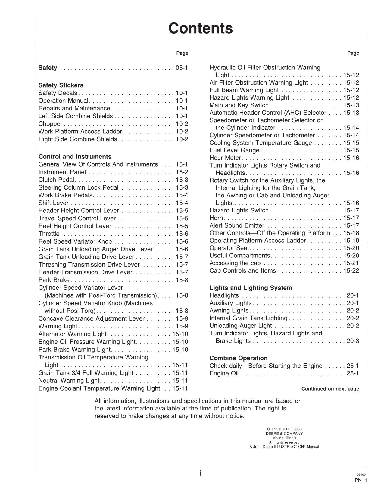 JOHN DEERE 1175 1165 COMBINE OPERATOR MANUAL