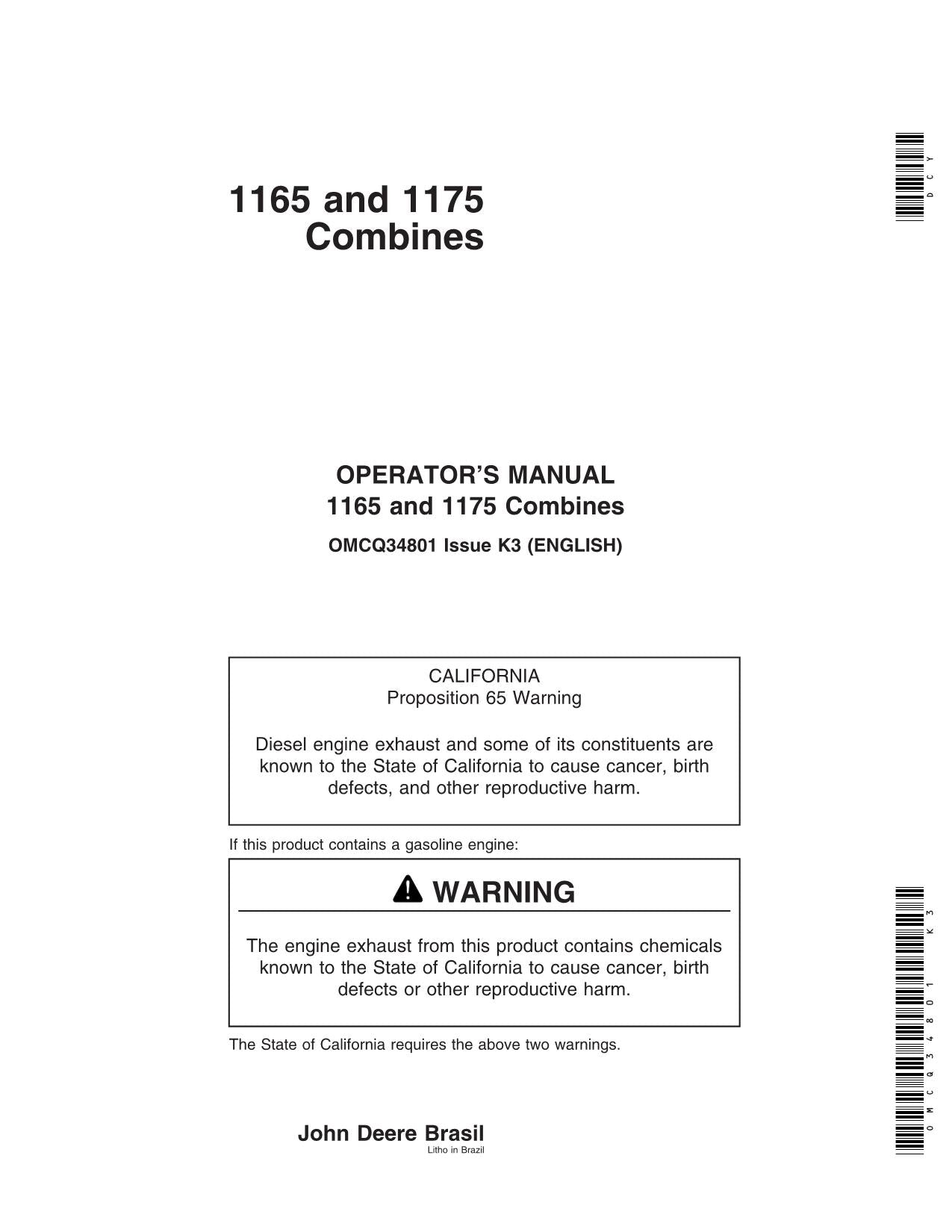 JOHN DEERE 1175 1165 COMBINE OPERATOR MANUAL