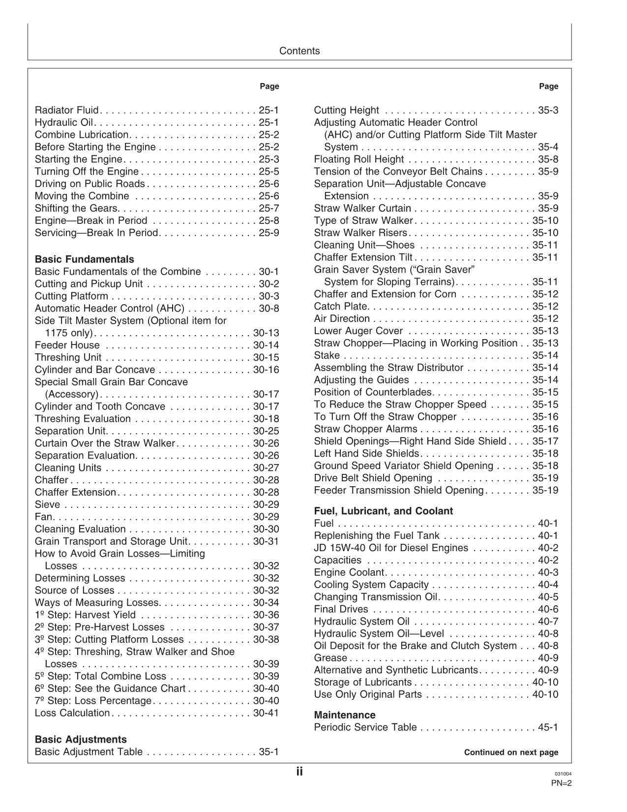 JOHN DEERE 1175 1165 COMBINE OPERATOR MANUAL