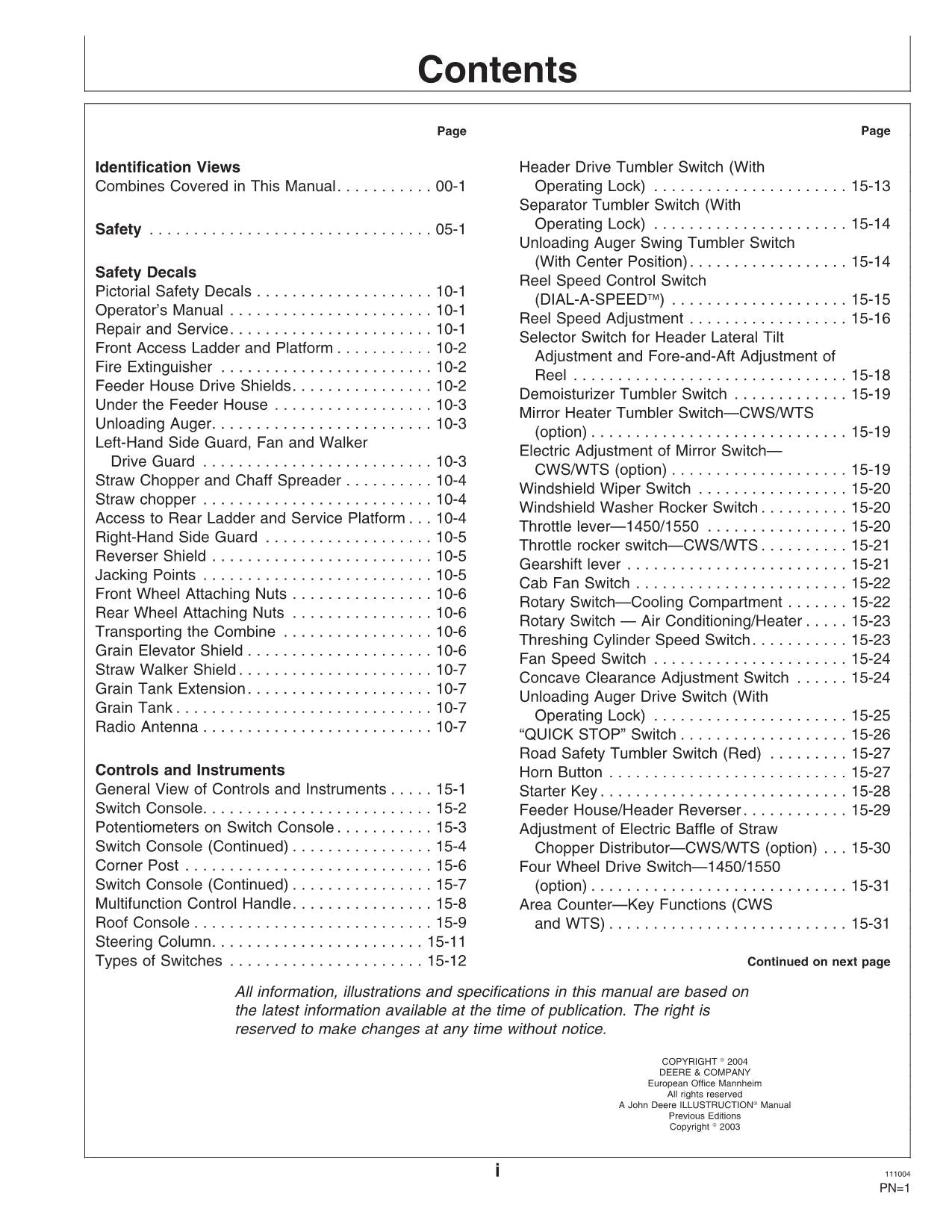 JOHN DEERE 1450 CWS 1550 CWS 1450 WTS 1550 WTS 1550 1450 COMBINE OPERATOR MANUAL