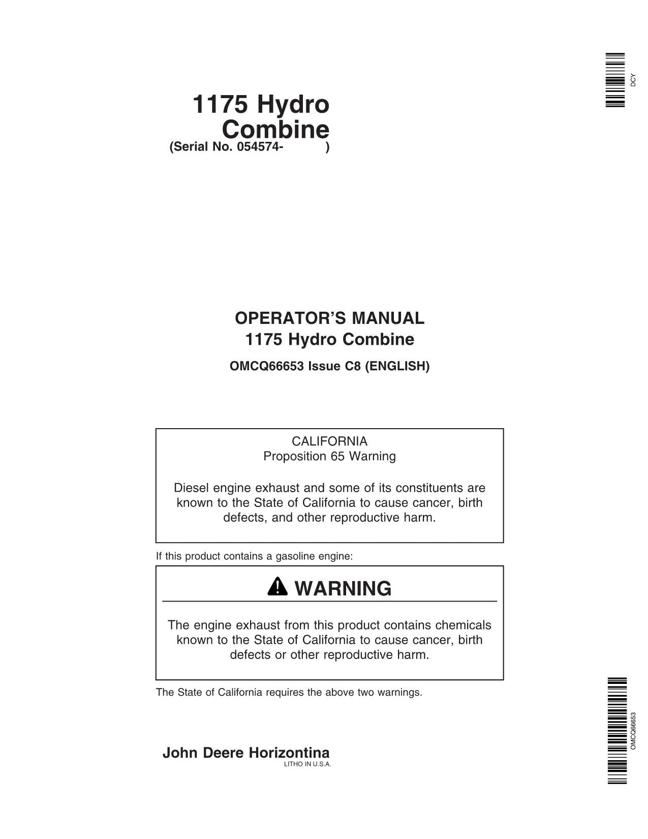 JOHN DEERE 1175 COMBINE OPERATOR MANUAL