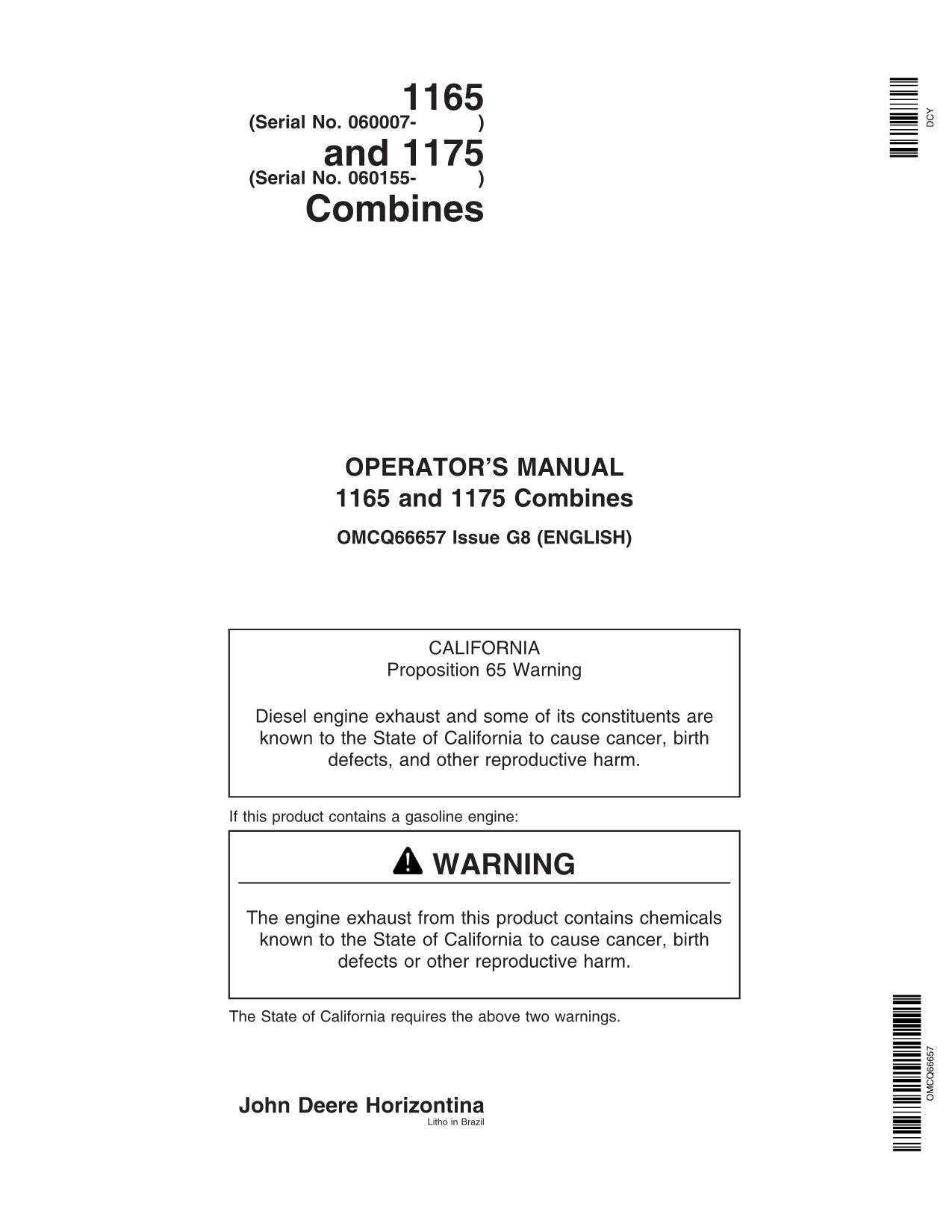 MANUEL D'UTILISATION DE LA MOISSONNEUSE-BATTEUSE JOHN DEERE 1165 1175