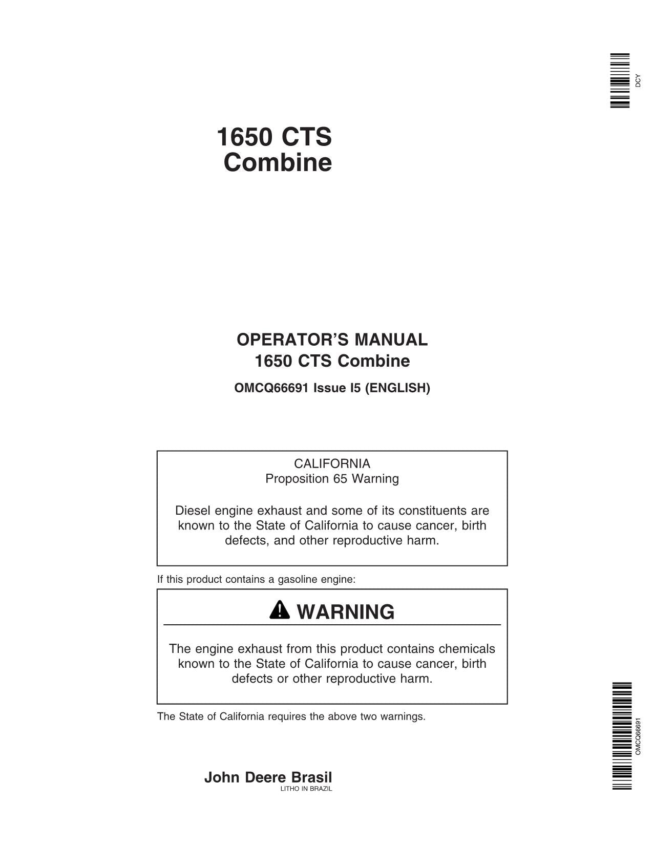 JOHN DEERE 1650 CTS COMBINE OPERATOR MANUAL