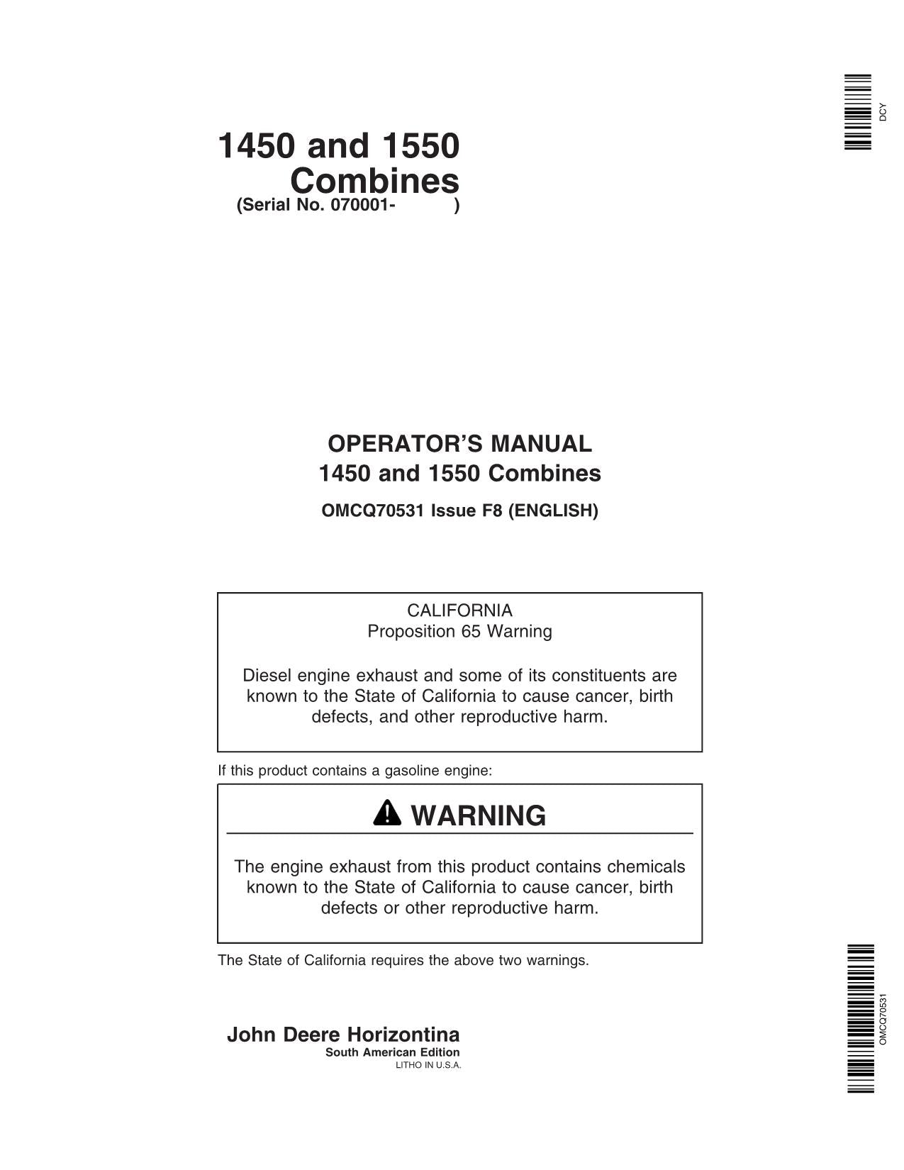 JOHN DEERE 1450 1550 COMBINE OPERATOR MANUAL