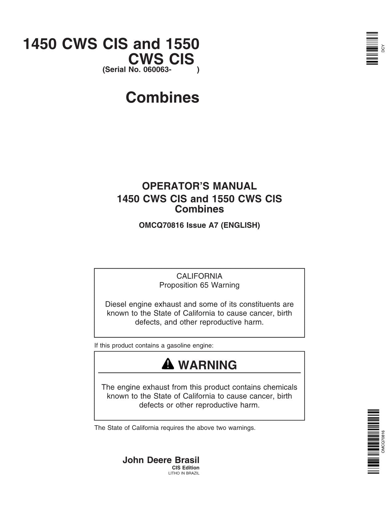 JOHN DEERE 1550 CWS 1450 CWS COMBINE OPERATOR MANUAL