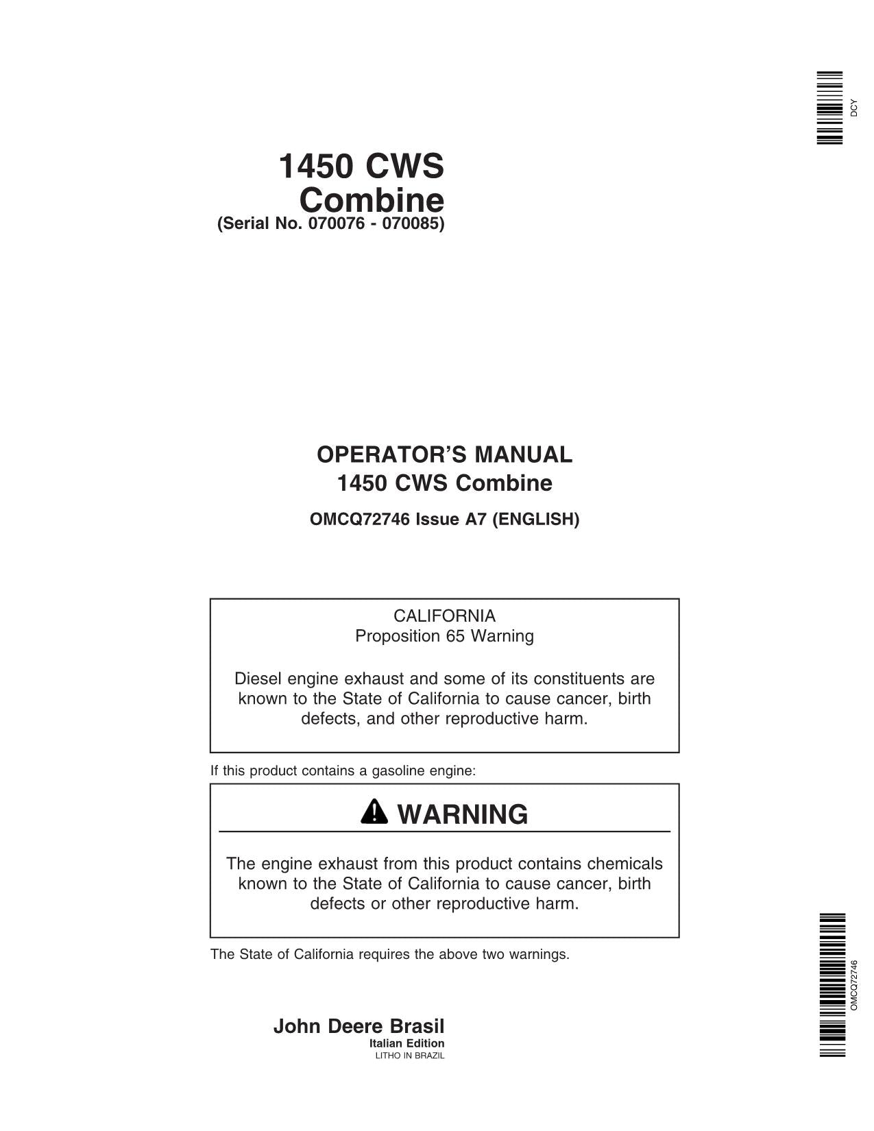 JOHN DEERE 1450 CWS COMBINE OPERATOR MANUAL