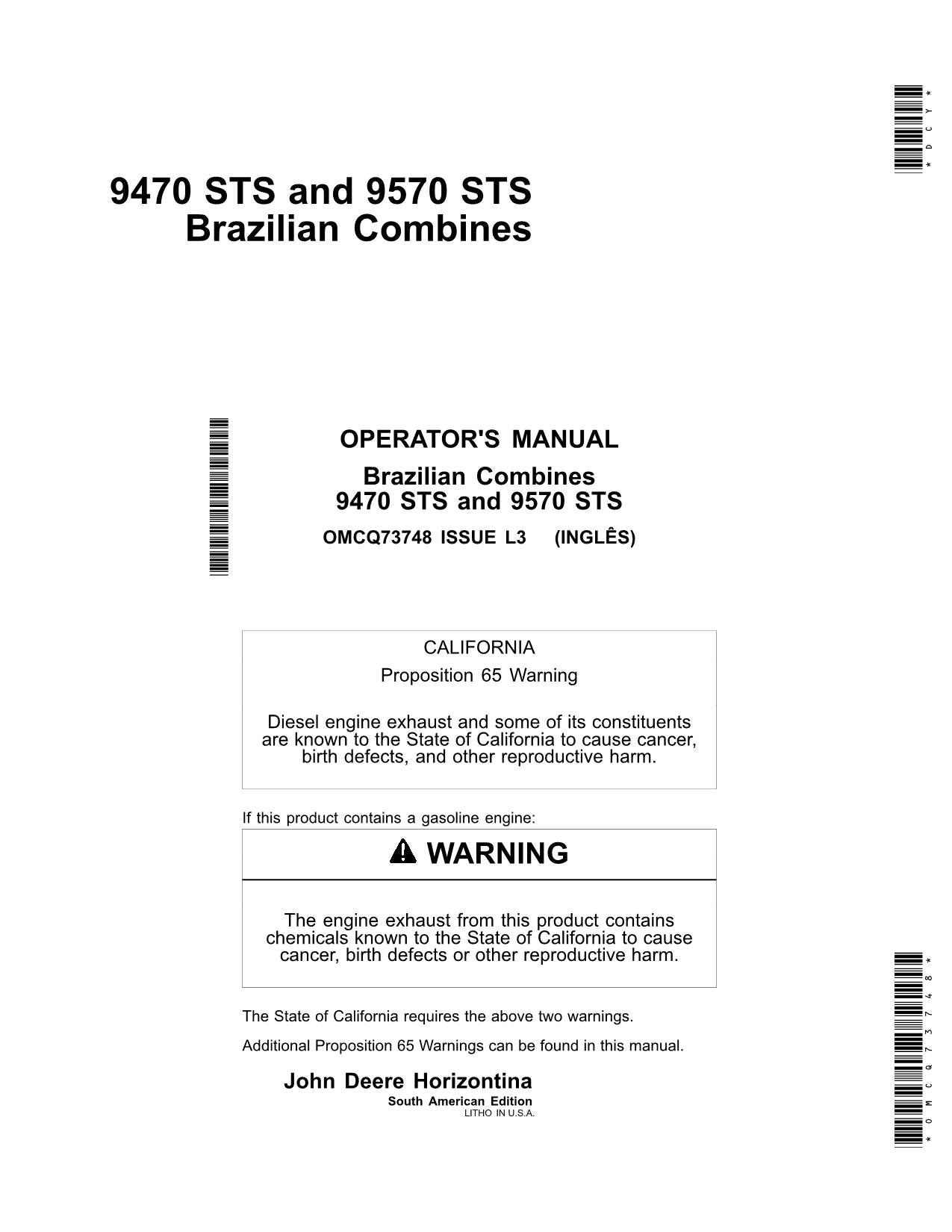 JOHN DEERE 9570 STS 9470 STS COMBINE OPERATOR MANUAL