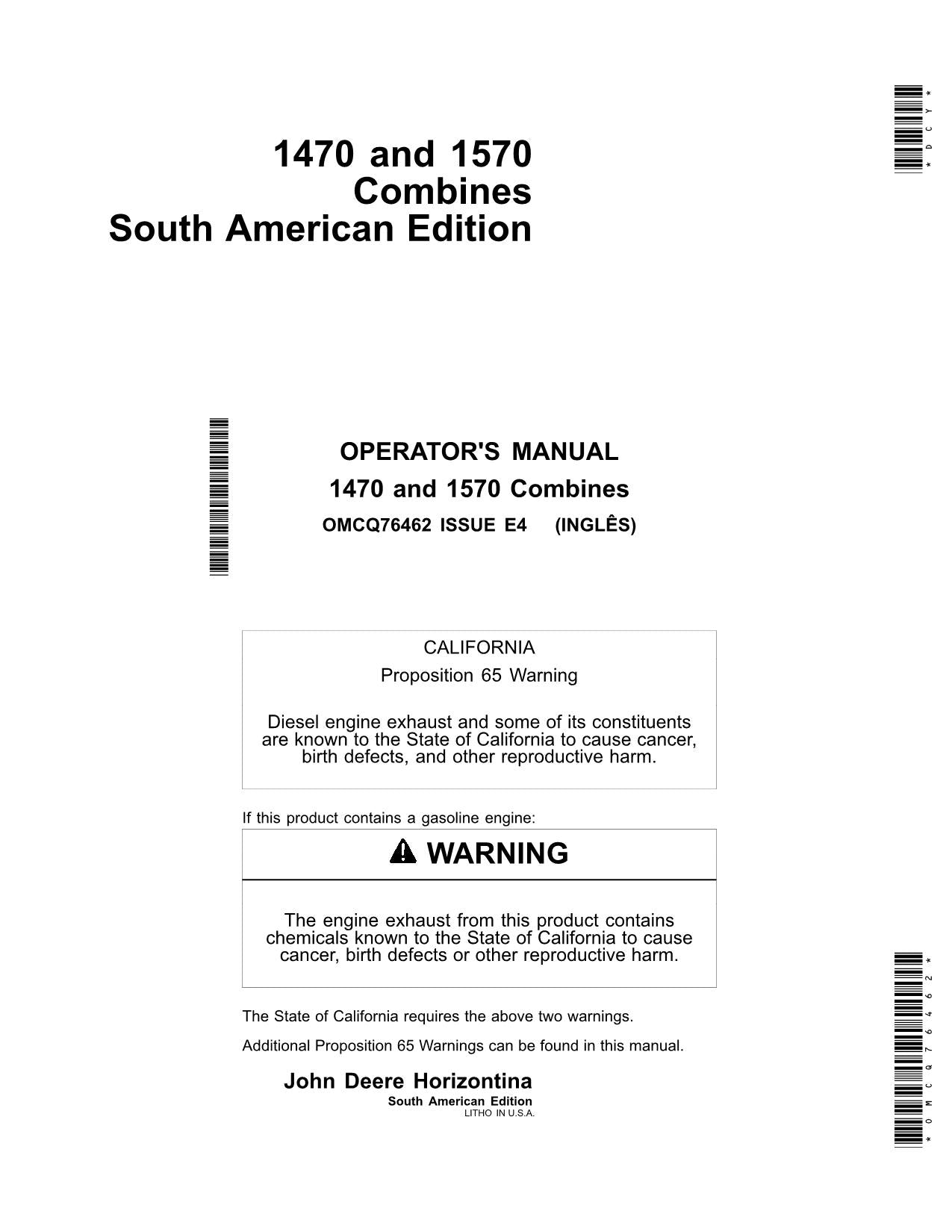 JOHN DEERE 1470 1570 COMBINE OPERATOR MANUAL