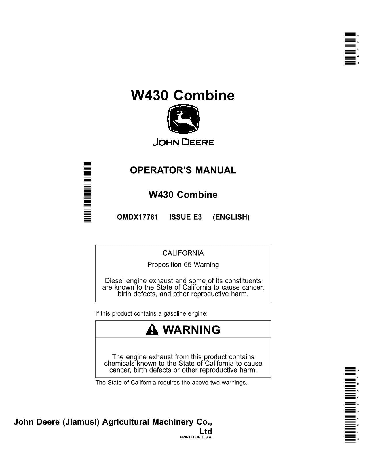 JOHN DEERE W430 COMBINE OPERATOR MANUAL