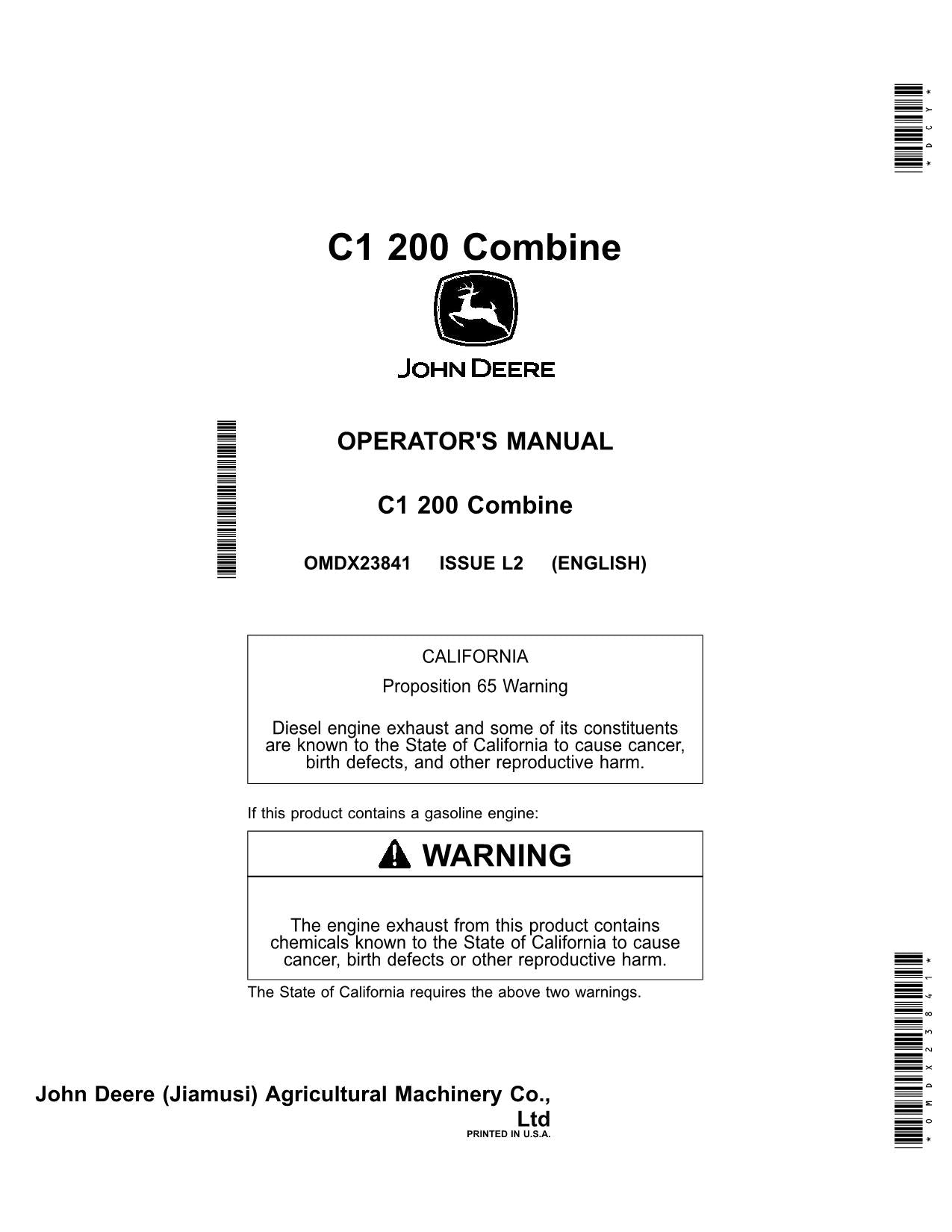 JOHN DEERE C1 200 COMBINE OPERATOR MANUAL