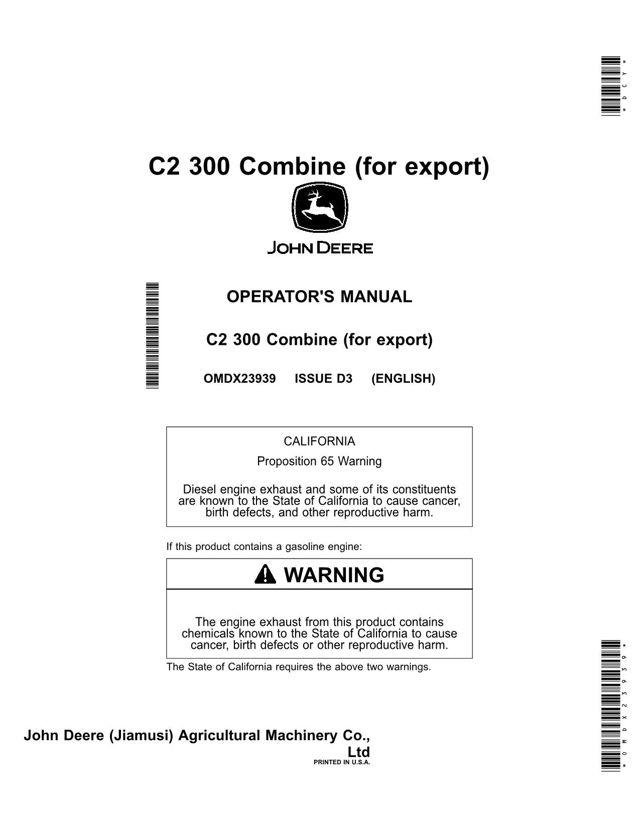 JOHN DEERE C2 300 COMBINE OPERATOR MANUAL