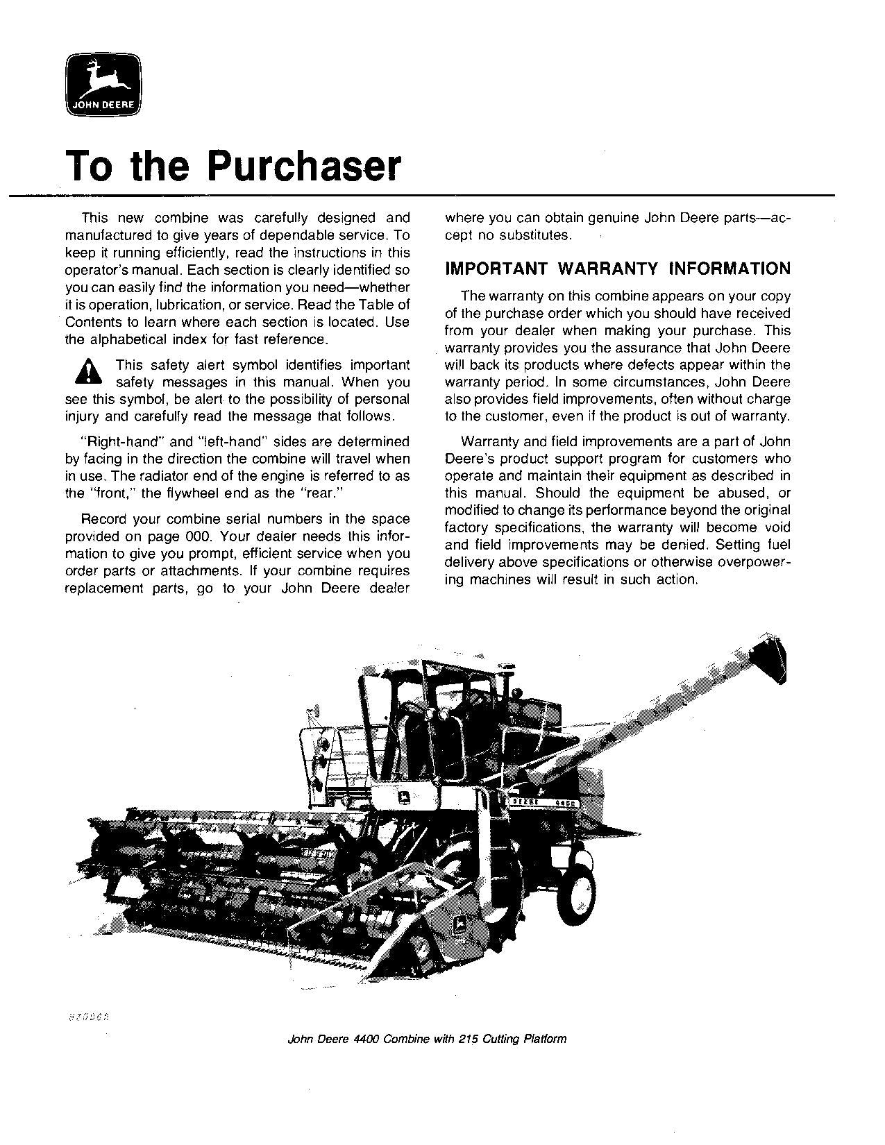 JOHN DEERE 4400 COMBINE OPERATOR MANUAL #1