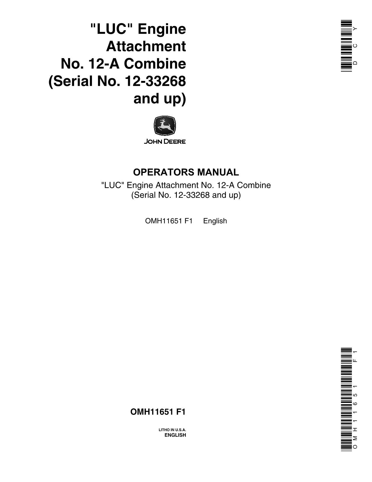 JOHN DEERE LUC 12-A LUS LUW COMBINE OPERATOR MANUAL