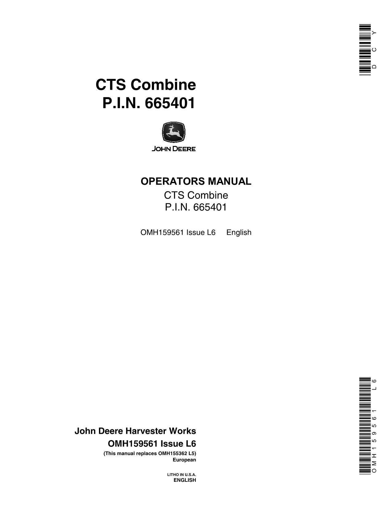 JOHN DEERE CTS CTS II COMBINE OPERATOR MANUAL