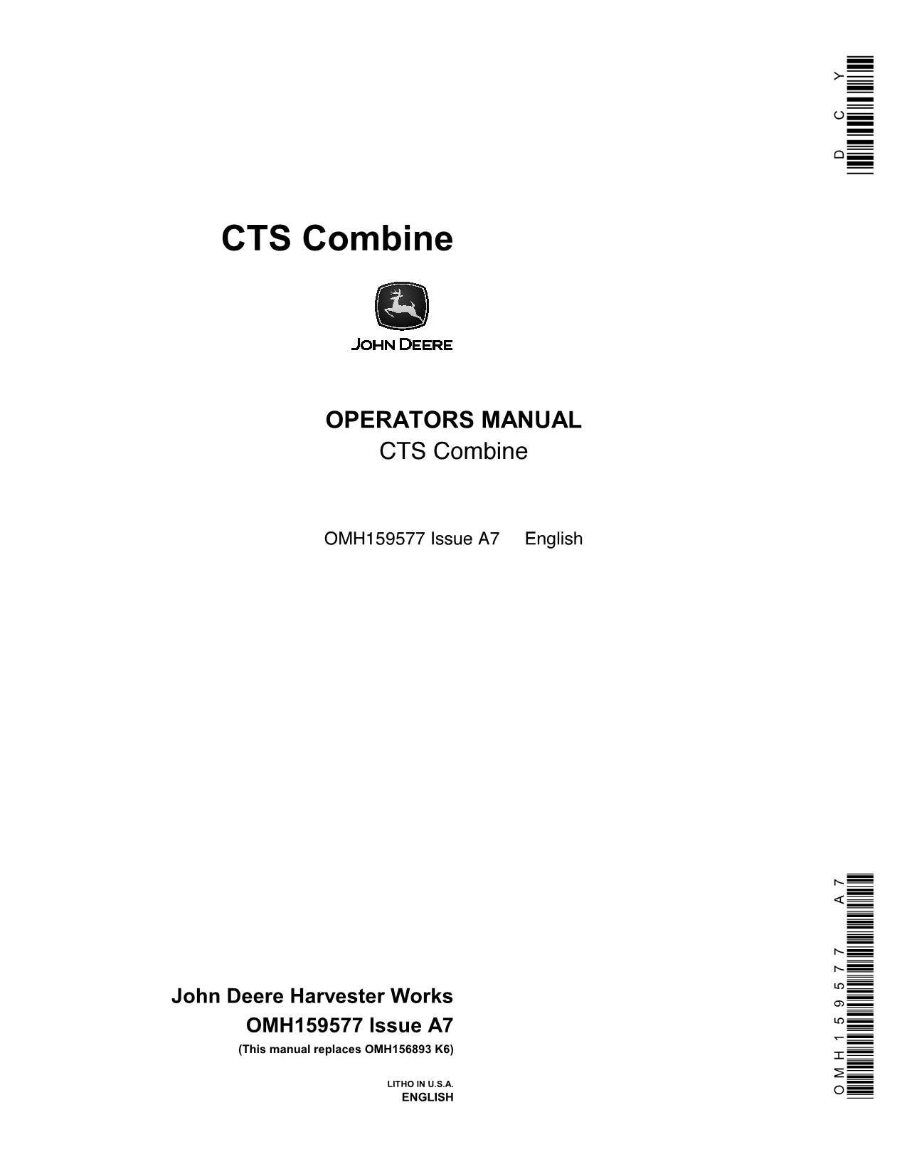 JOHN DEERE CTS COMBINE OPERATOR MANUAL #2