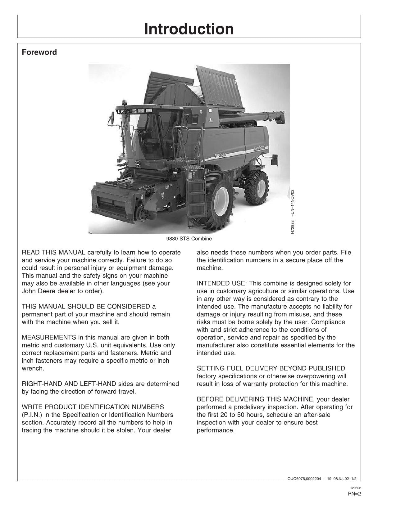 JOHN DEERE 9880 STS COMBINE OPERATOR MANUAL #2